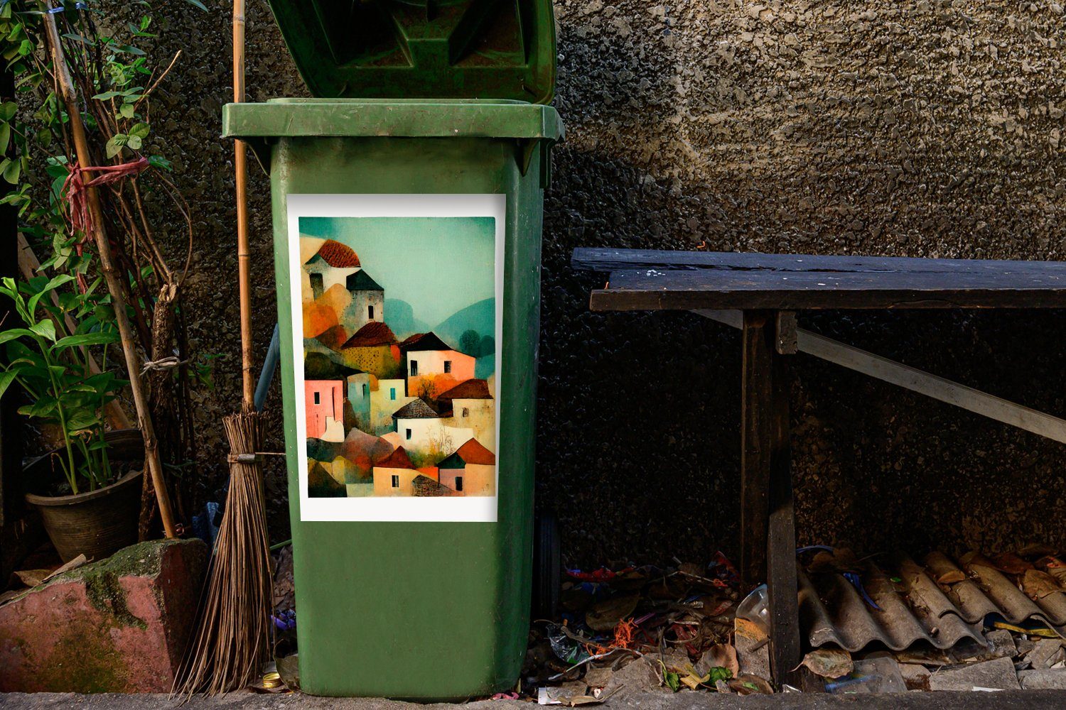 MuchoWow Wandsticker Italien - (1 St), Architektur - - Mülleimer-aufkleber, Pastell Mülltonne, - Sticker, Container, Kunst Dorf Abfalbehälter