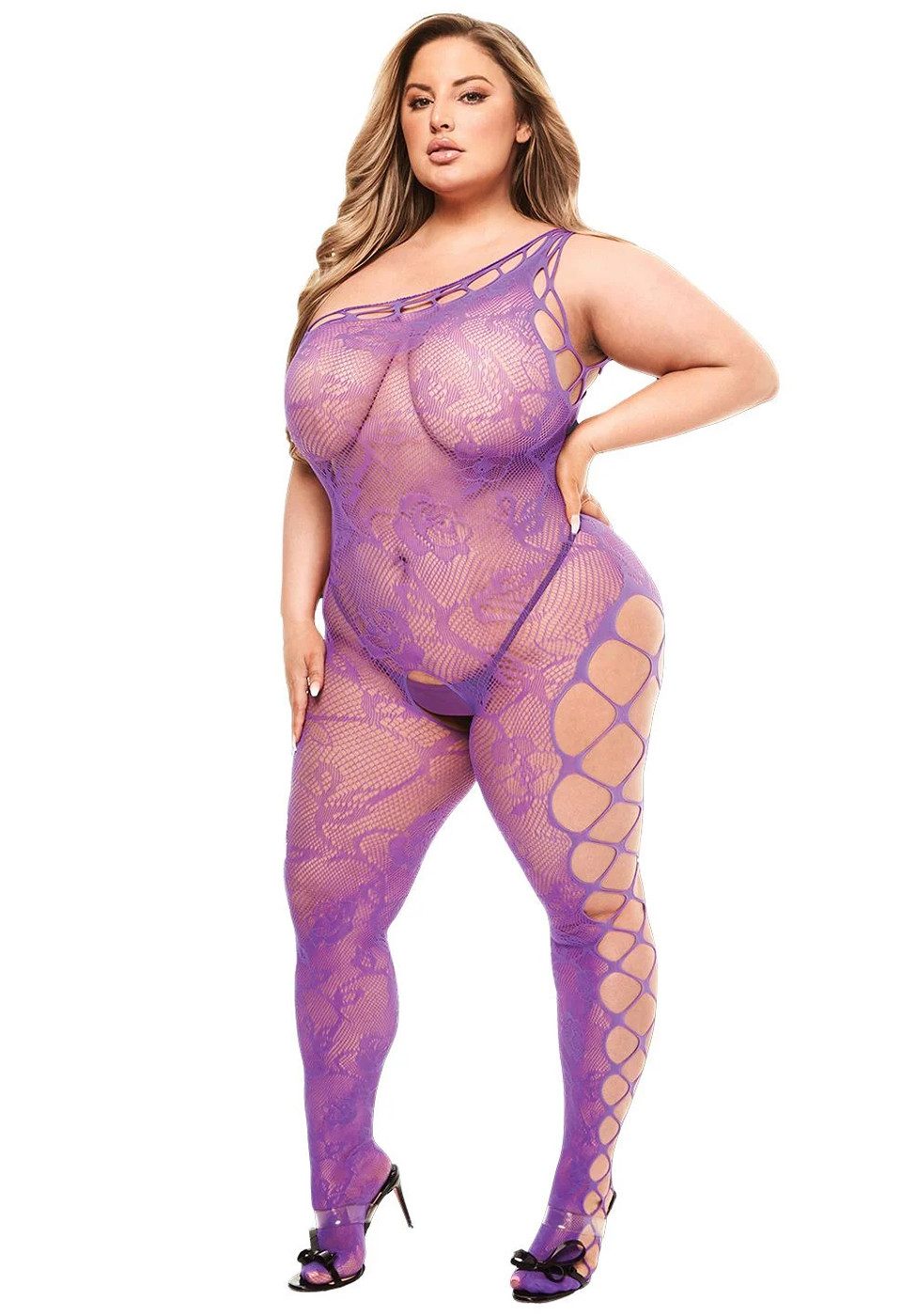 Baci Lingerie Bodystocking Bodystocking mit floralem Muster Plus Size und grobem Netz - lila (1 St) Seitliche Netzeinsätze für verspielten Look