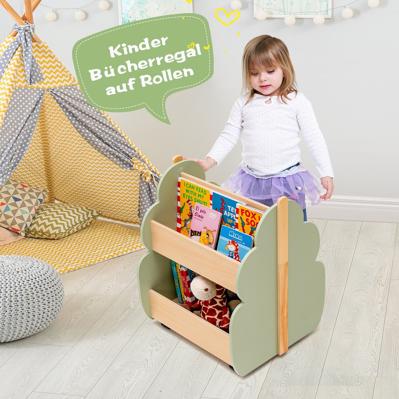 COSTWAY Kinderregal 2 Ebenen Spielzeugregal, mit Rollen, 52 x 46 x 62,5cm günstig online kaufen
