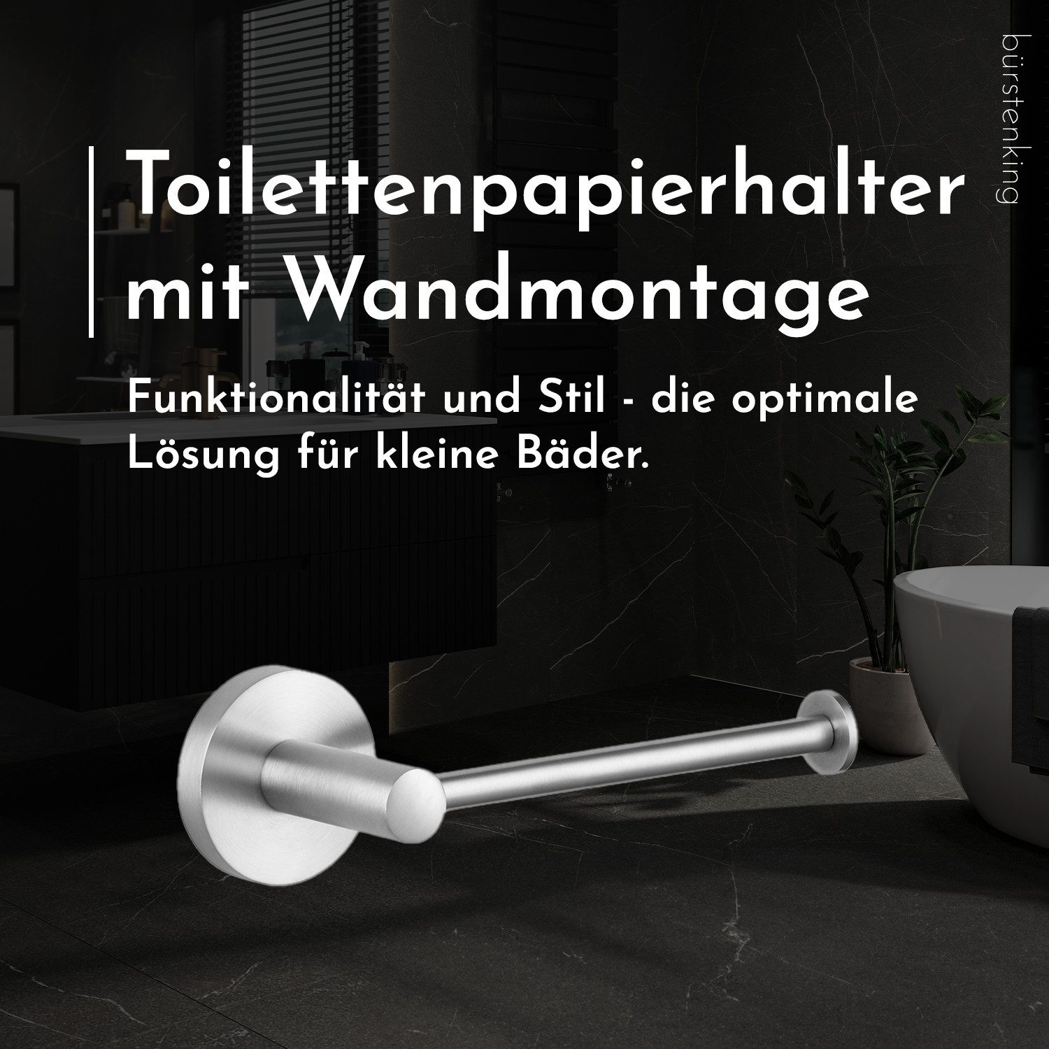 Bürstenking Toilettenpapierhalter ohne Deckel – Edelstahl matt gebürstet Serie 190 rostfrei & Montageset (Set), Horizontal wandmontiert, rund