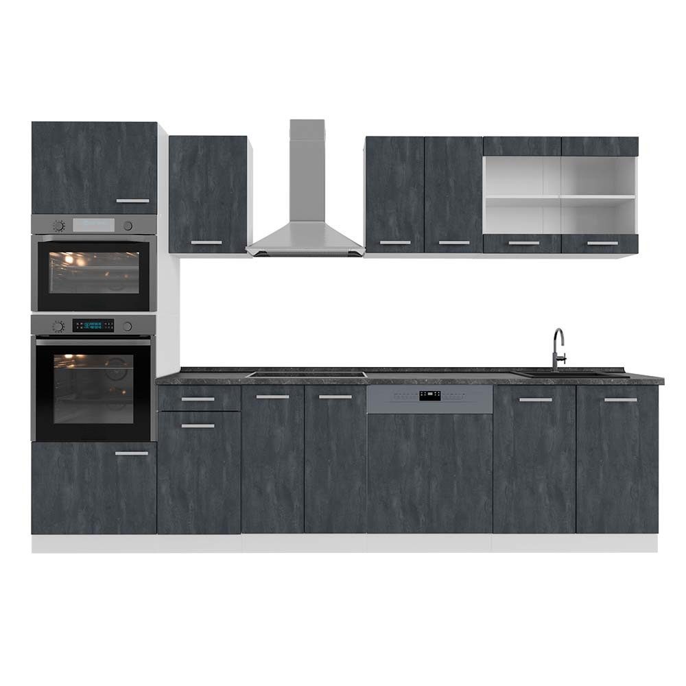 Vicco Küchenzeile R-Line, Schwarz Beton/Weiß, 300 cm AP Anthrazit