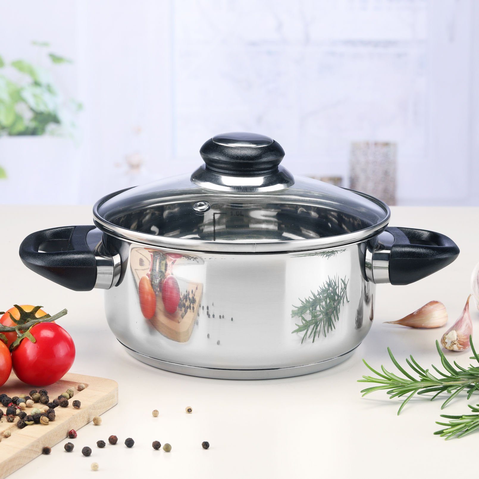 Spetebo Kochtopf Edelstahl Kochtopf mit Glasdeckel - 1,25 L, Edelstahl (Stück, 1-tlg., Topf), Universal Küchen Topf mit Griffen