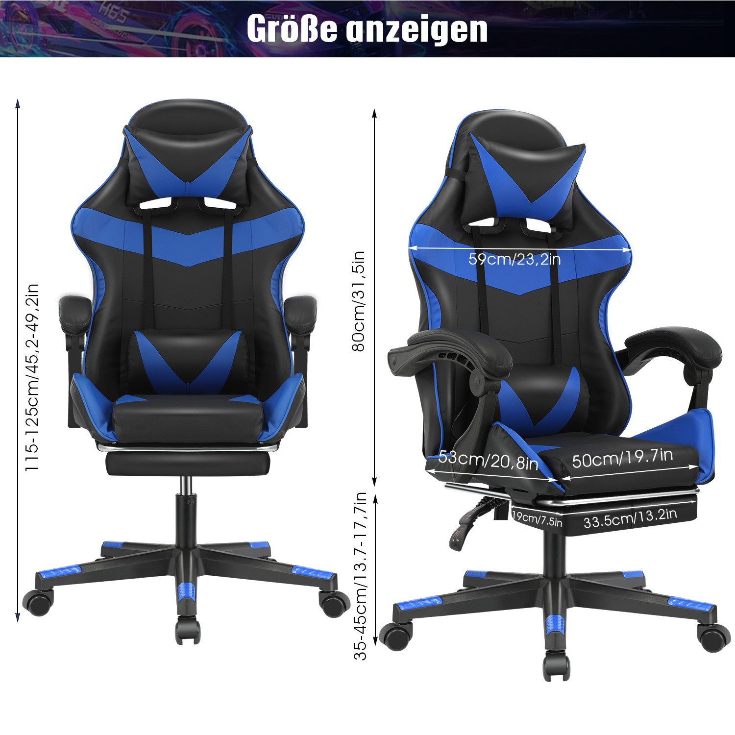 oyajia Gaming-Stuhl Ergonomischer Gaming Sessel mit Fußstütze und Kopfstütze Atmungsaktiv, mit abnehmbarem Kopfkissen, maximale Belastbarkeit 150 kg