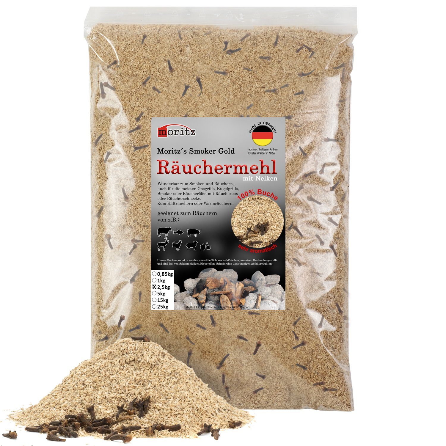 Moritz Räucherbox 2,5kg Räuchermehl Buche mit Nelke fein 0,5 -1 mm zum smoken, räuchern/kalträuchern von Fleisch, Fisch, Gemüse geeignet