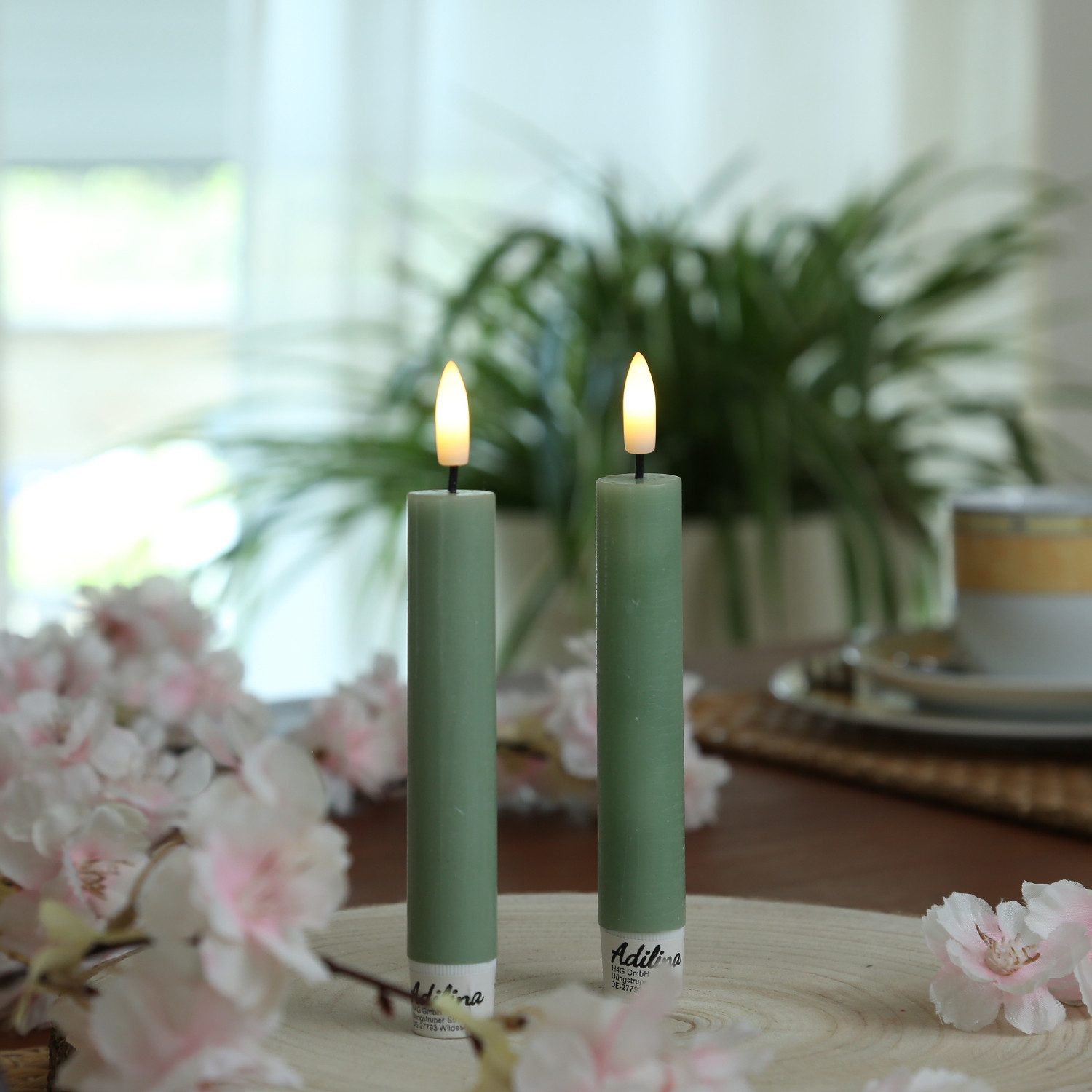 LED-Kerze LED Stabkerzen Tafelkerzen Dinner Spitzkerzen rustikal 16cm grün 2St