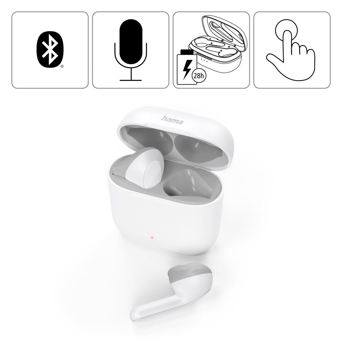 Hama Bluetooth® Kopfhörer True Wireless, Bluetooth-Kopfhörer Google HSP, Berührungssteuerung, Autopairing, PBAP, Mikrofon) integriertes Assistant, Siri Assistant, Bluetooth, A2DP Earbuds, HFP, weiß Bluetooth, Apple Sprachsteuerung, (Freisprechfunktion, Siri, Google AVRCP SPP