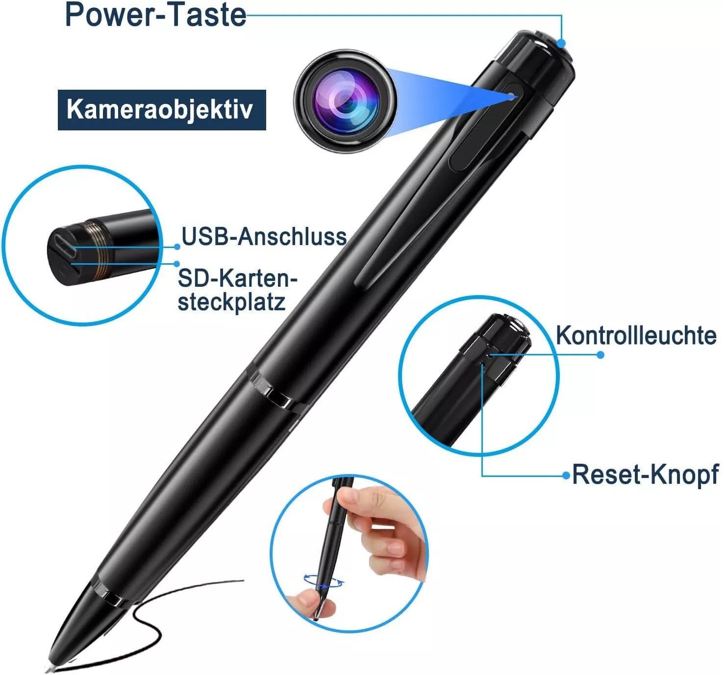 SpionProfi Überwachungskamera Kugelschreiber Kamera Stift Video Ton Bild Aufnahme Full HD 1080p (Innenbereich, Außenbereich, 1-tlg., Versteckte Spycam Mini Kamera im Kugelschreiber mit Schreibfunktion)
