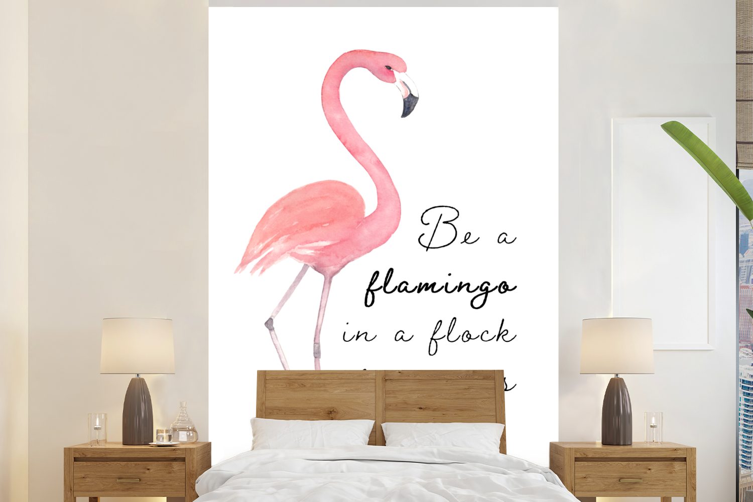 MuchoWow Fototapete Rosa - Flamingo - Zeichnung, Matt, bedruckt, (3 St), Montagefertig Vinyl Tapete für Wohnzimmer, Wandtapete