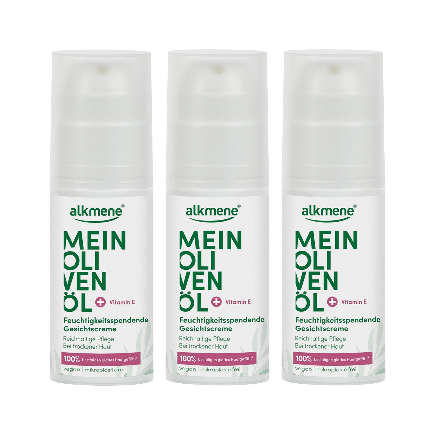 alkmene Tagescreme Gesichtscreme trockene Haut 150 ml, Feuchtigkeit spendend, Olivenöl, 3-tlg.