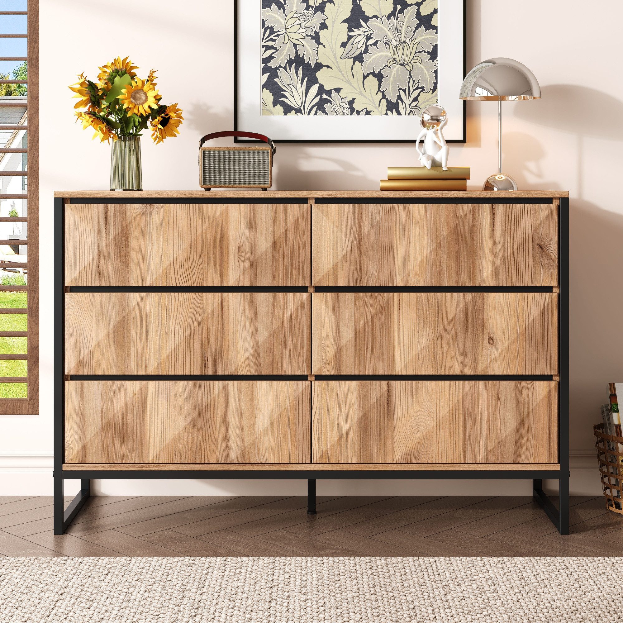 BlingBin Kommode Anrichte Sideboard Komodenschrank Beistellschrank Küchenschrank (Aufbewahrungsschrank mit 6 Schubladen und Metallbeinen, Natürlichen Holztönen, 1 St., Gesamtabmessungen: 120*40*80cm, Gewichtskapazität: 50kg), Buffetschrank aus Spanplatte und MDF für Wohnzimmer, Schwarz & Holz