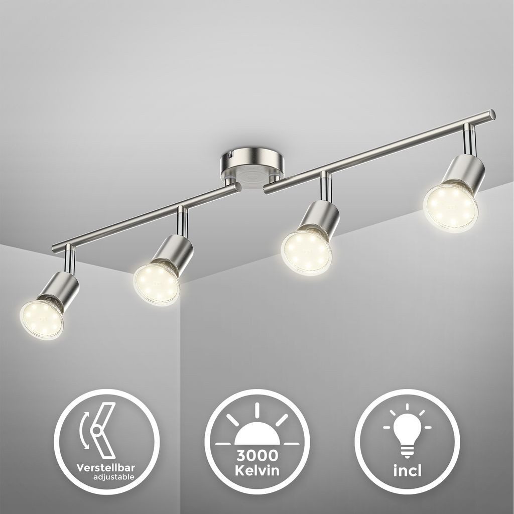 B.K.Licht LED Deckenleuchte Deckenlampe Wohnzimmer GU10 12W 60cm silberfarben - BKL1024, LED wechselbar, 2700K - Extra-Warmweiß, Deckenstrahler Spots drehbar schwenkbar 1000lm Küche Flur matt-nickel