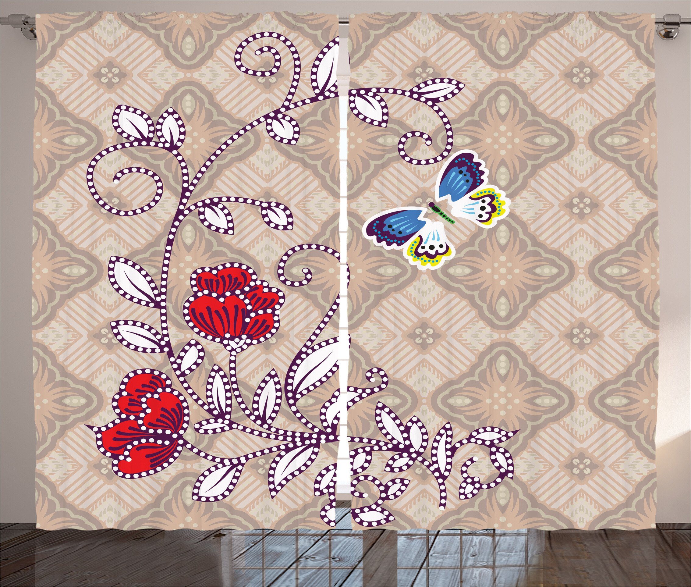 Gardine Schlafzimmer Abakuhaus, und Blumen Vorhang Haken, Blumen-Retro mit Blühender Kräuselband Schlaufen