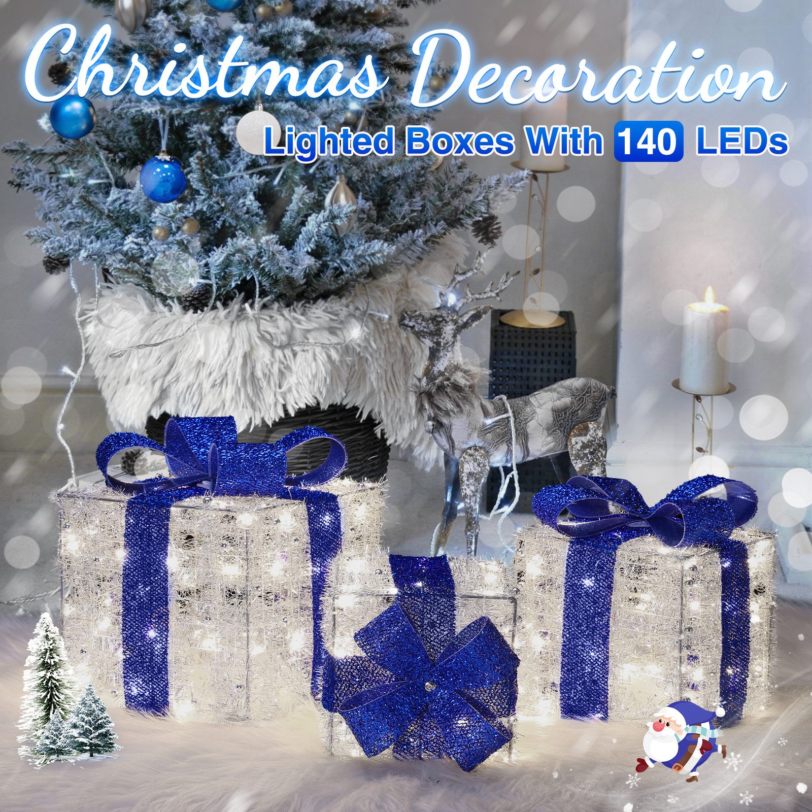 Quntis LED Dekolicht Weihnachtsfigur 3/4 Set Geschenkbox, Leuchtfiguren für Weihnachtsdeko, LED wechselbar, Kaltweiß, Warmweiß, Tageslichtweiß, mit Bändern/LED  – Bild 5 von 5