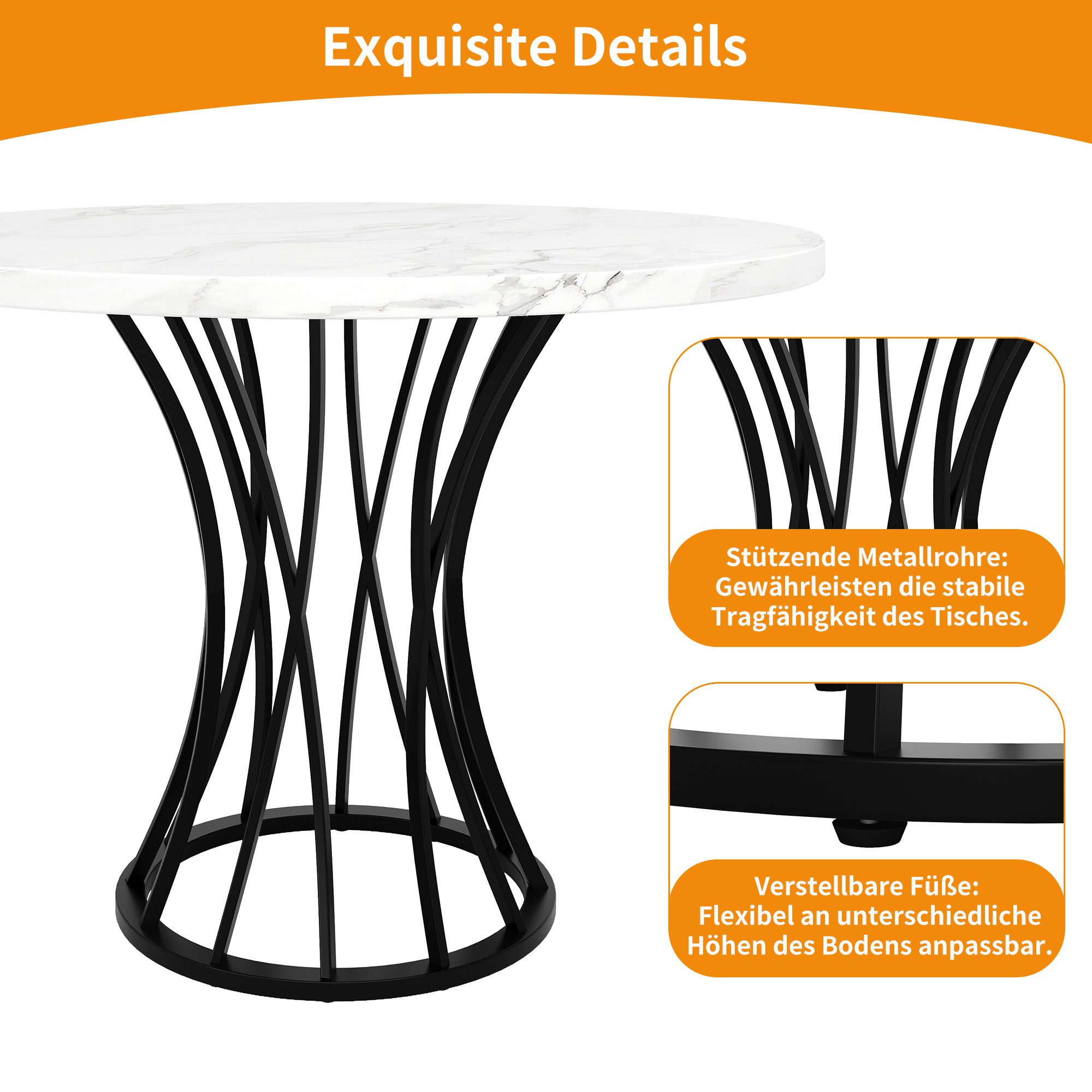 KLAM HOME Esstisch Runder Esstisch (80 x 80 x 76 cm), küchentisch, stabiler metallrahmen (moderne marmor - Oder esstische, frühstückstisch für 4-6 Personen), ge – Bild 5 von 5