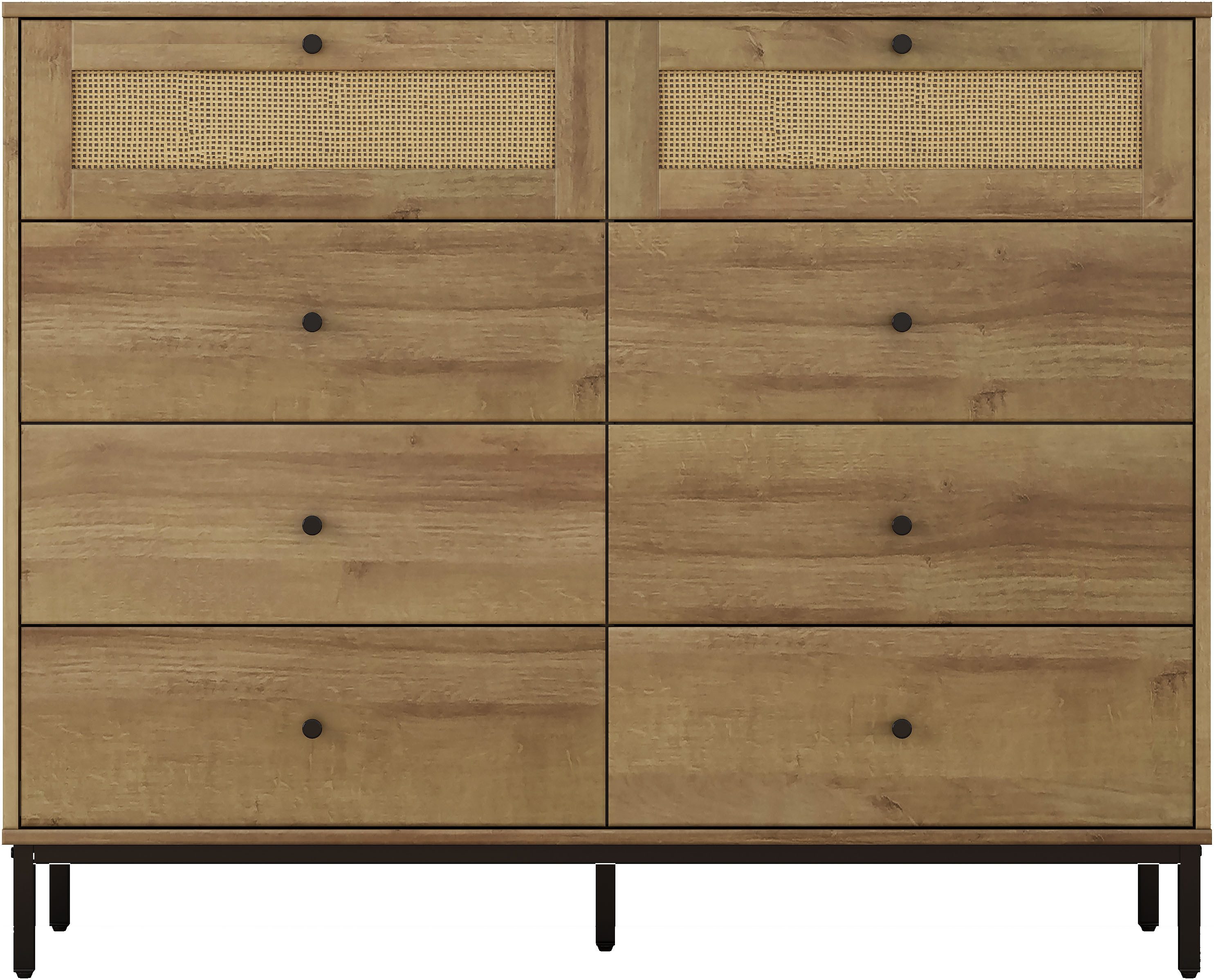 OTTO home Kombikommode Motala Wäsche Schrank mit 8 Schubladen Sideboard BOHO Design (Eichen-Design mit schwarzen Griffen und Geflecht Schubladen), Kommode Schrank Wäscheschrank mit 8 Schubladen