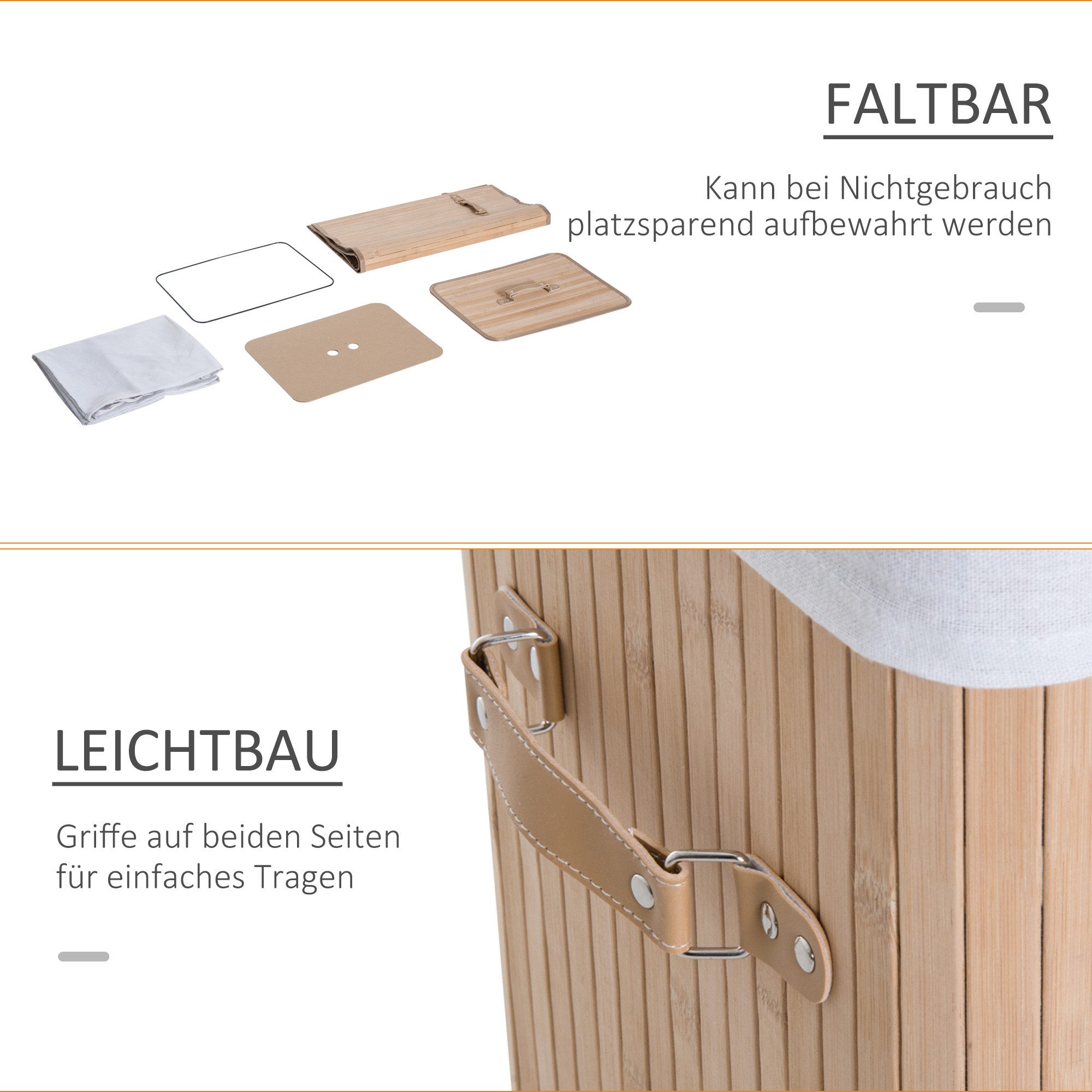 HOMCOM Wäschekorb schmal Wäschesammler mit Griff, für Schlafzimmer & Bad, natur (Wäschekorb, 1 St., Wäschebox), Bambus, faltbar, 72L, Natur, 40 x 30 x 60 cm – Bild 4 von 5