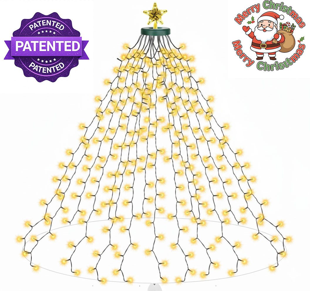 SERBASIC LED-Lichterkette Weihnachtsbaum,Christbaumbeleuchtung mit Ring und Stern,Timer 8 Modi, 16 Stränge, Speicher, für Außen Innen, 220 cm bis 350cm Tannenbaum