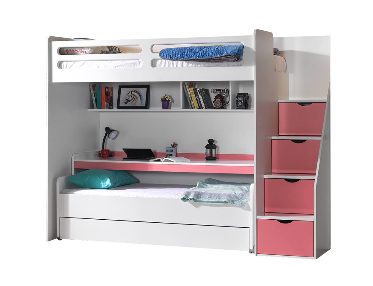 Möbel-Zeit Etagenbett Etagenbett Smart mit Schreibtisch, Treppe und Bettkasten rosa | Etagenbetten