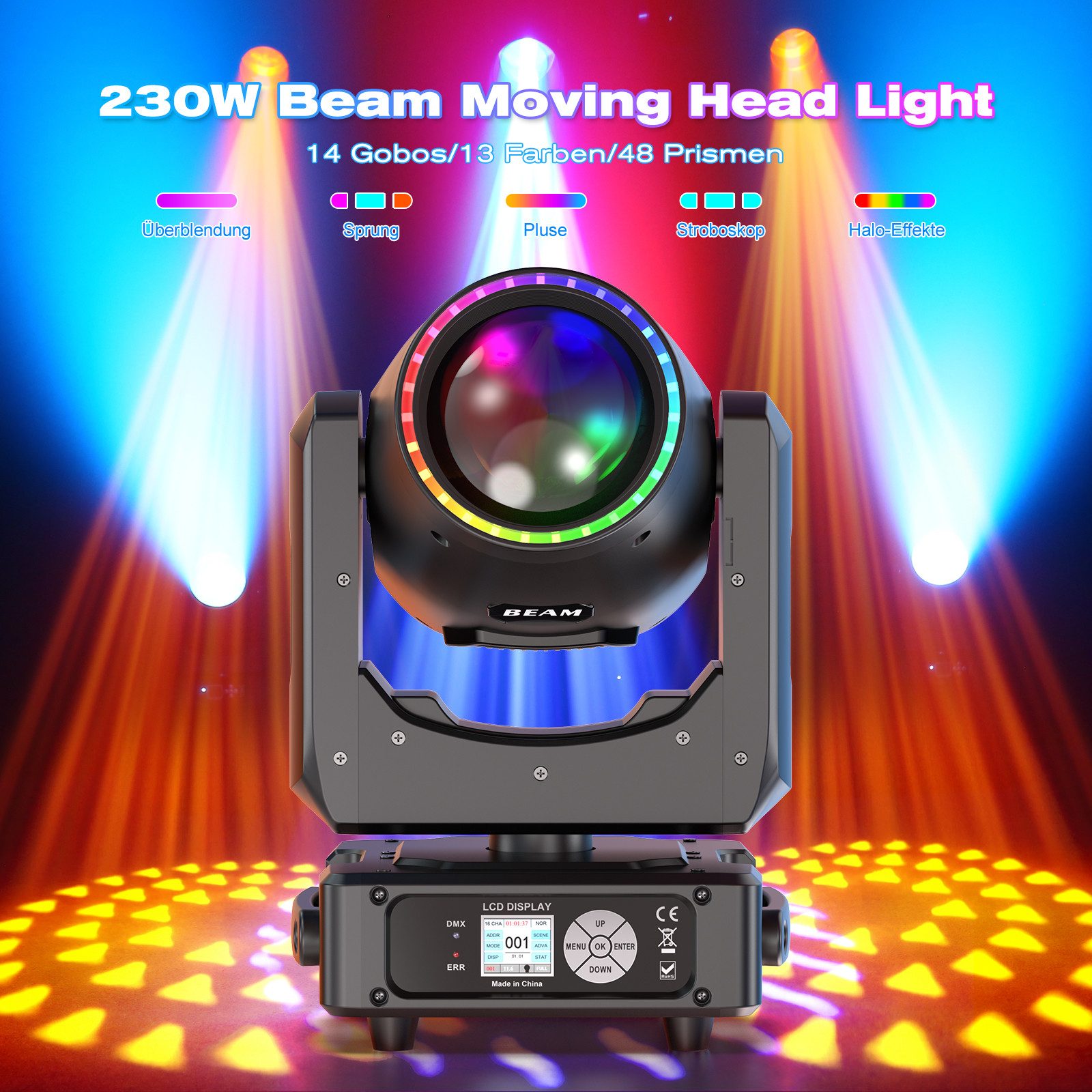 ZonQoonz Discolicht 230W LED Moving Head RGBW DMX soundaktiviert 14 Gobos für Bühne Party