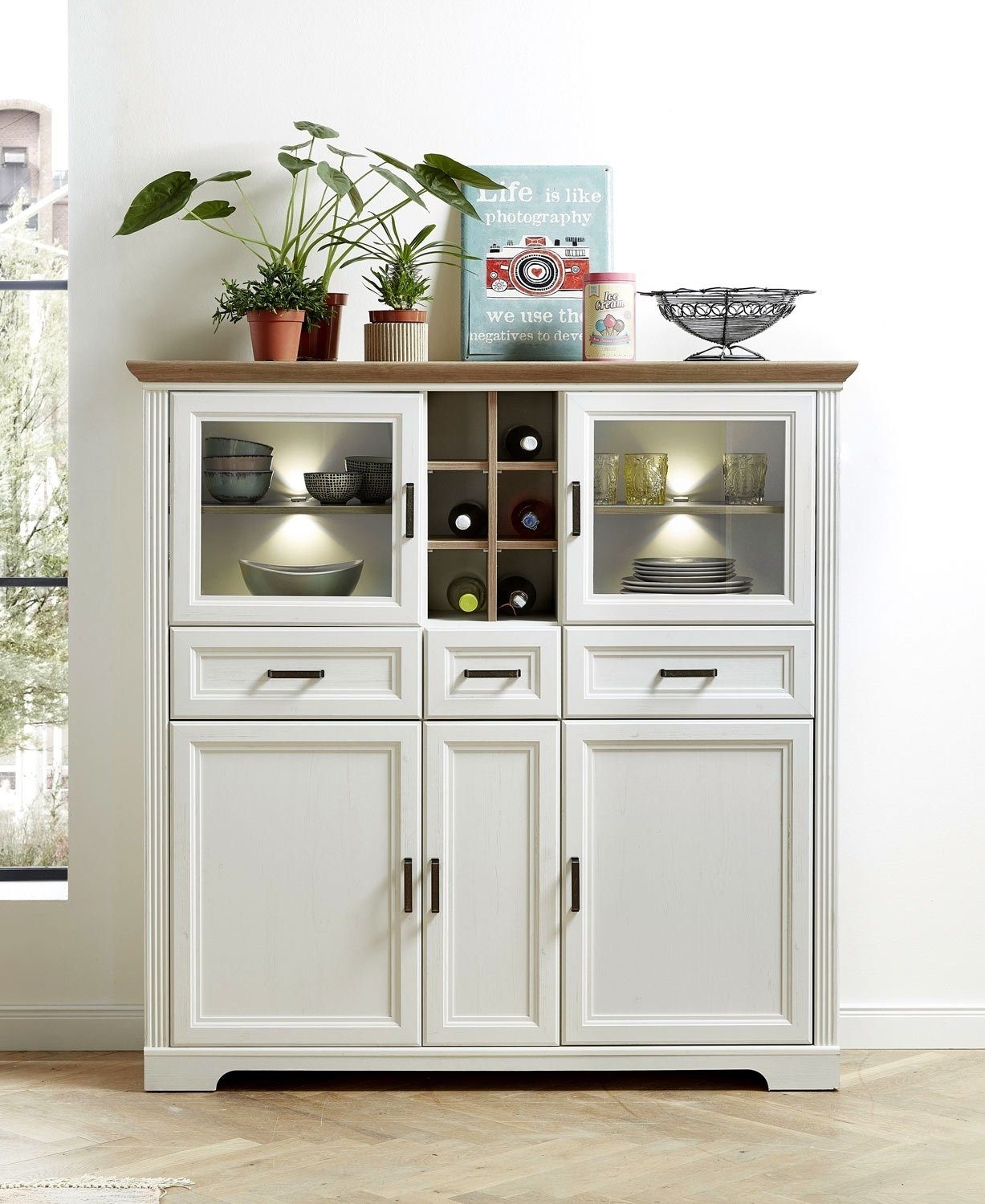 Highboard JASMIN, B 143 x H 150 cm, Piniedekor hell, Artisan Eichedekor, 5 Türen und 3 Schubladen