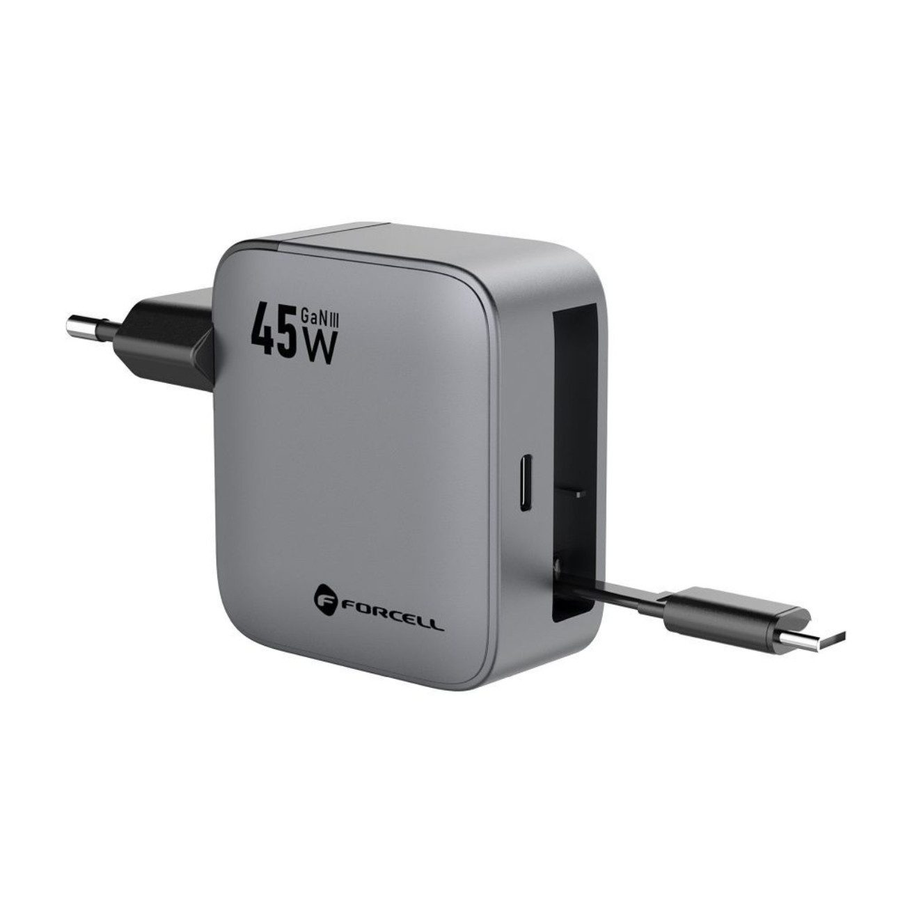 Forcell VT-R5 USB-Ladegerät (3000 mA, Einzelladegerät, Einzelladegerät, GaN-III Ladegerät 45 W mit USB-C-Port & integriertem Kabel)