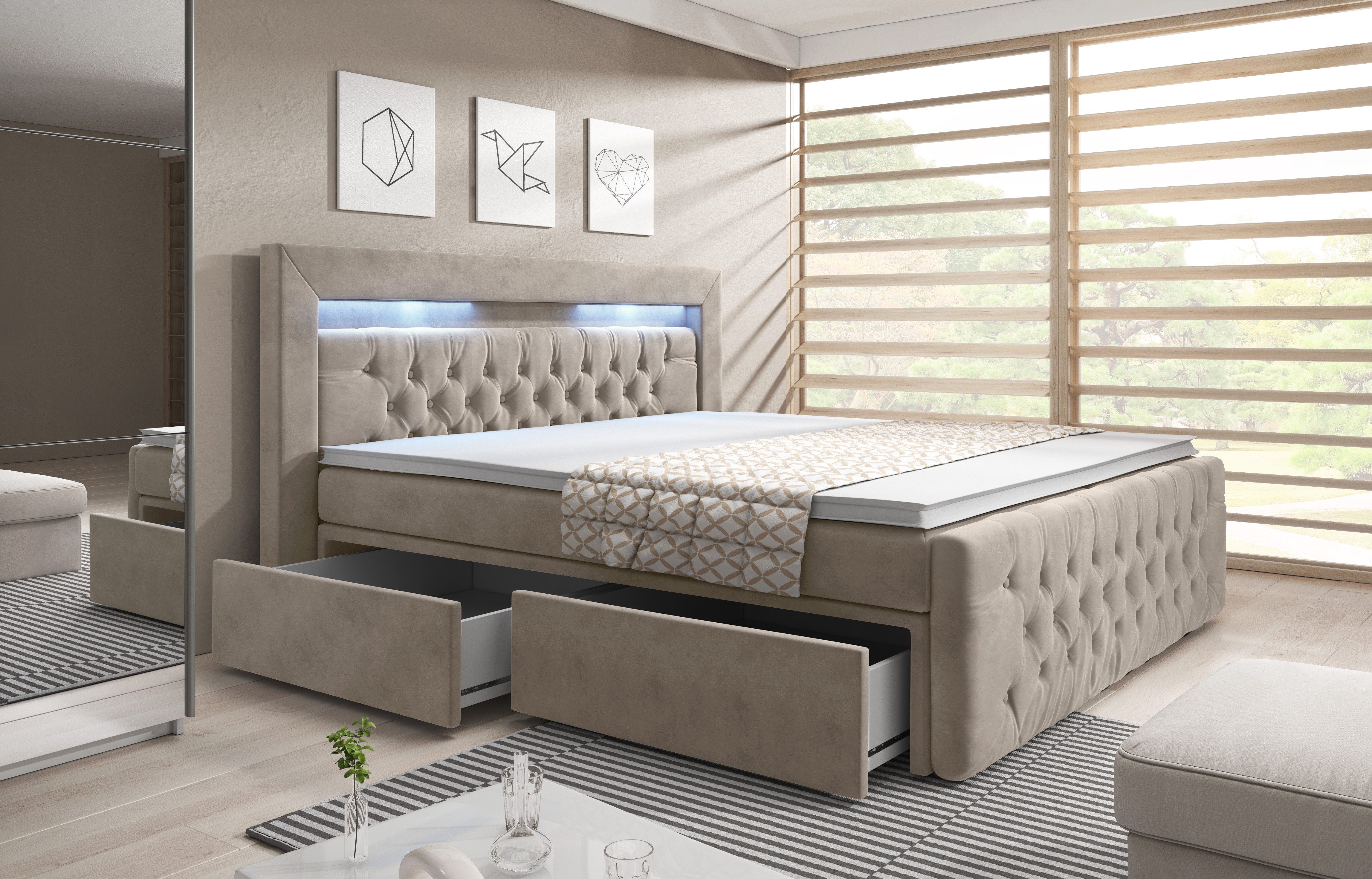 PROMETO Möbel Boxspringbett ARONA - Matratze, 2 Schubladen und Topper, LED und Chesterfield, mit 2 Schubladen, mit Topper und Matratze