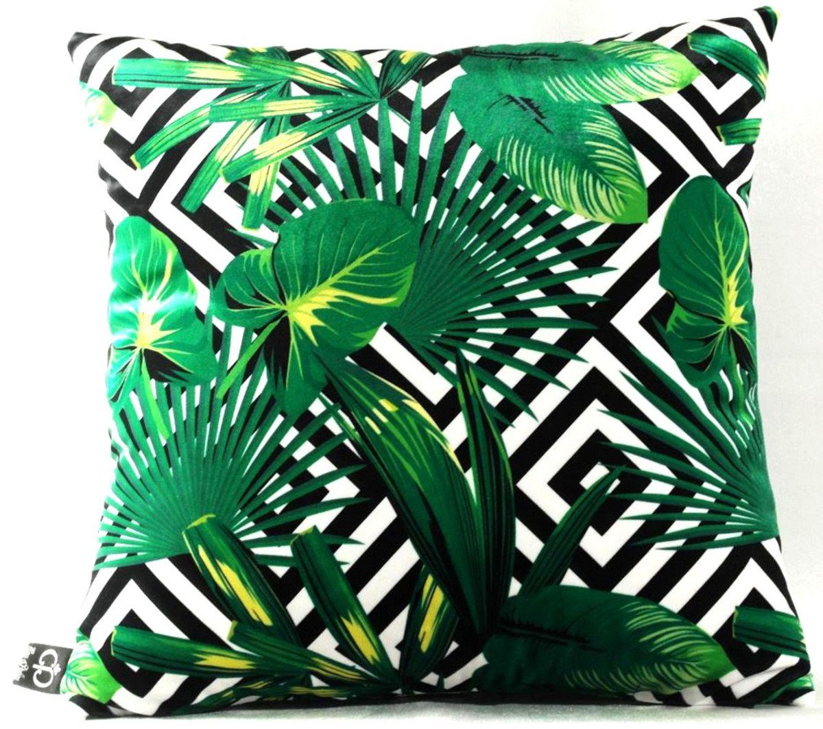 Casa Padrino Dekokissen Luxus Kissen Miami Palm Leaves Schwarz / Weiß / Grün 45 x 45 cm - Feinster Samtstoff - Deko Wohnzimmer Kissen