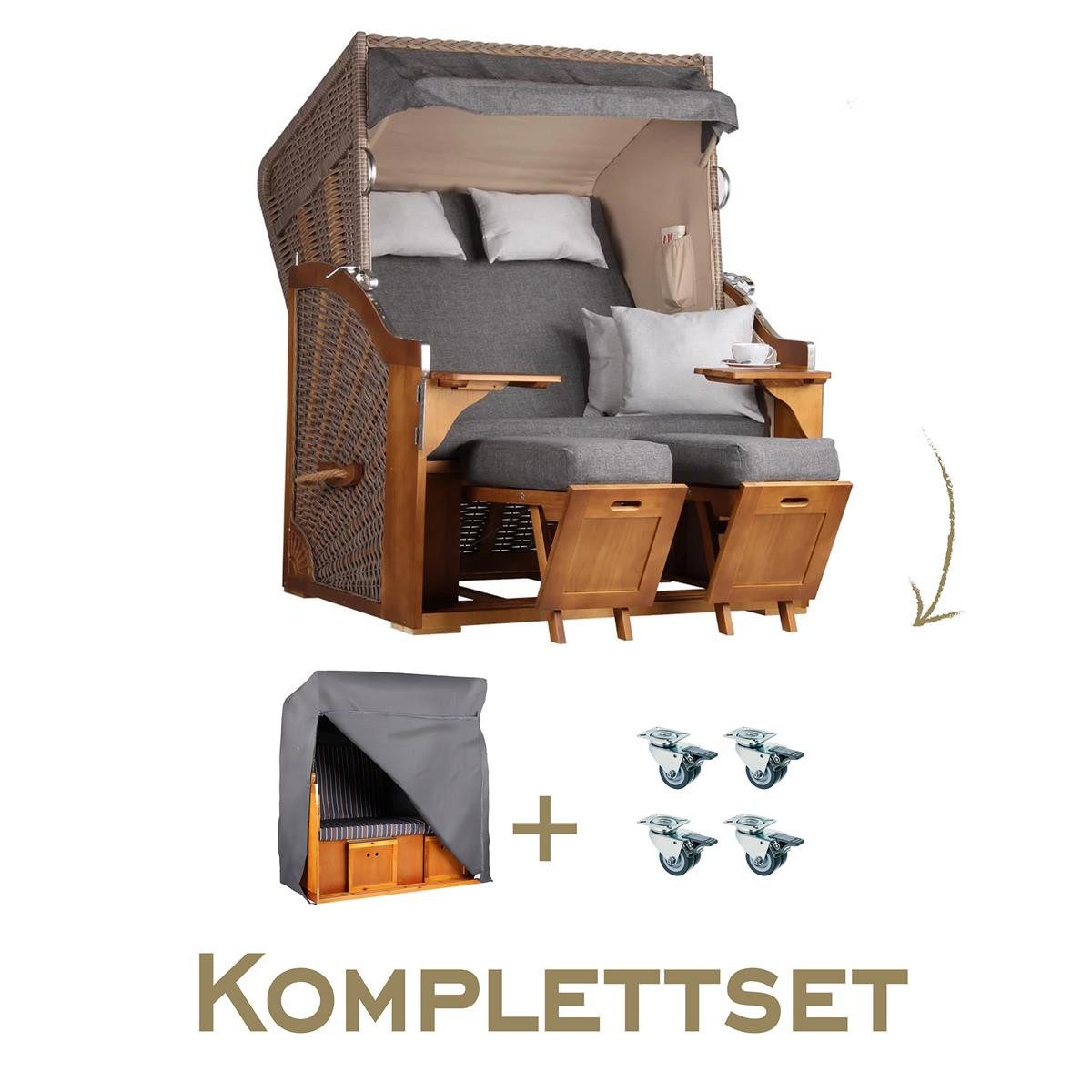 MR.DEKO Strandkorb Komplettset 2-Sitzer Schleswig Pinie 120x160cm + Schutzhülle & Rollen, BxTxH: 0x0x0 cm, 2-Sitzer, Schleswig, (Zweisitzer Strandkorb mit Bistrotischen & Fußstützen), Bereits montiert, UV-beständig, mit Abdeckhülle & Edelstahl-Beschläge