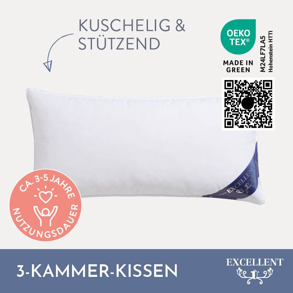 Excellent 3-Kammer-Kopfkissen Wien, Füllung: 60% Daunen / 40% Federn (Außenkammern) und 100% Federn (Innenkammer), Bezug: 100% Baumwolle, Kopfkissen in 40x80 und 80x80 erhältlich