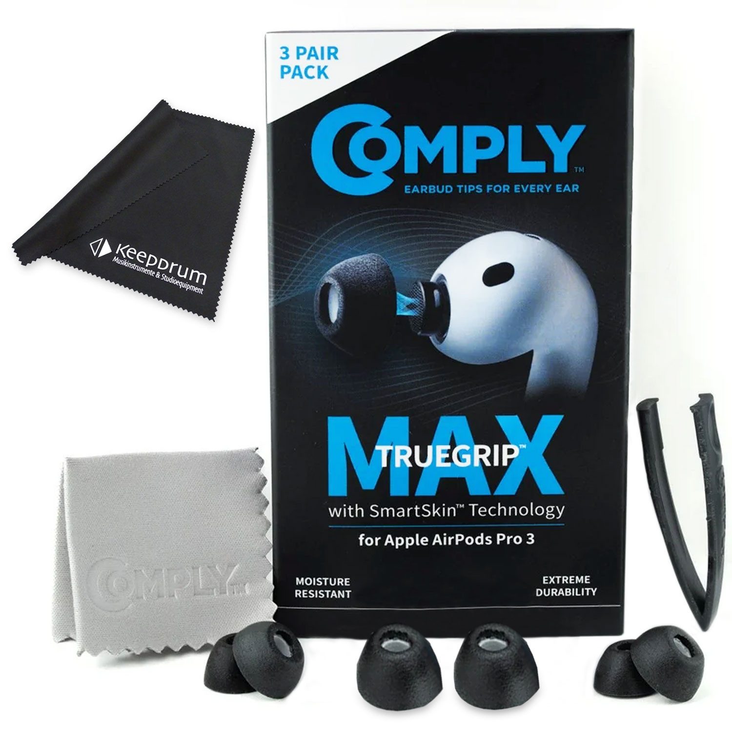 Comply Comply Ohrstöpsel TrueGrip MAX für Airpods Pro 3 Schwarz L mit Tuch In-Ear-Kopfhörer (Airpods Pro 3, keine, keine, Vorteils-Set mit Mikrofasertuch)