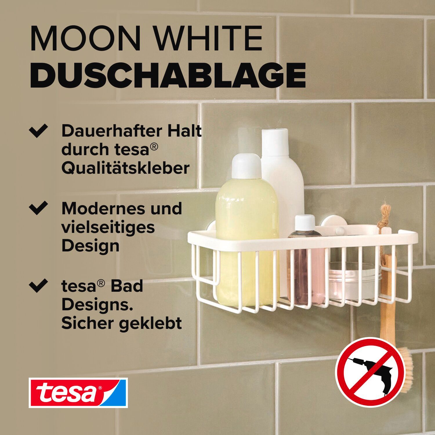 tesa Duschablage MOON Duschkorb ohne Bohren - 9,2 x 25 x 12,5 cm, Packung 1 günstig online kaufen