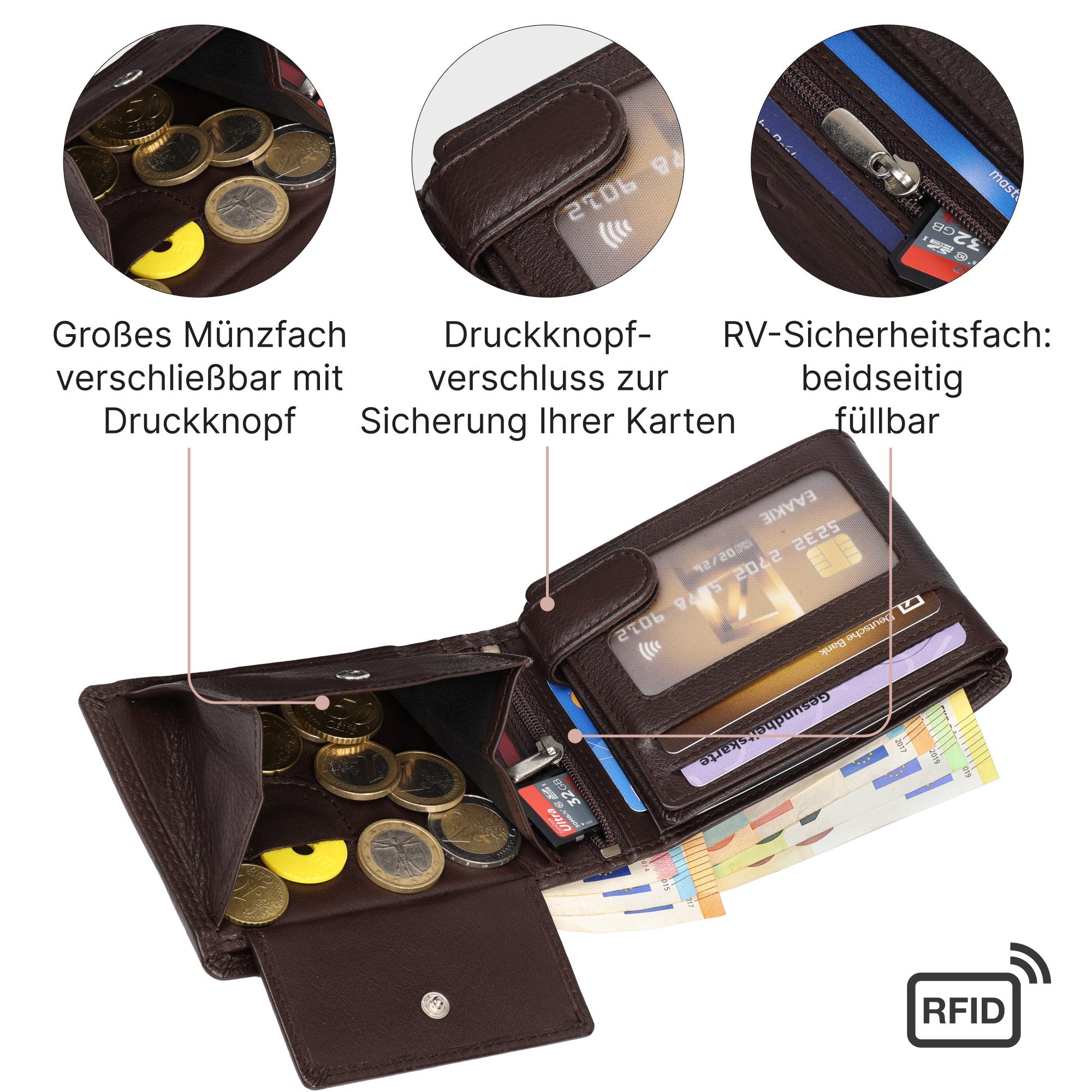 EAAKIE Geldbörse RFID echt Leder Portemonnaie Geldbörse Herren Rindleder, RFID Schutz