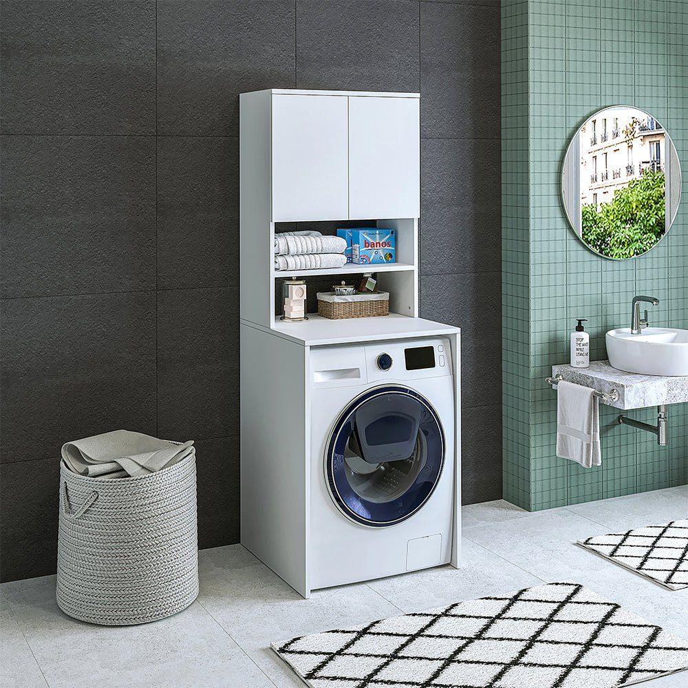 Roomart Waschmaschinenumbauschrank (Badezimmer Waschmaschinenschrank, Waschmaschinenüberbau, Waschturm) weiß | Weiß