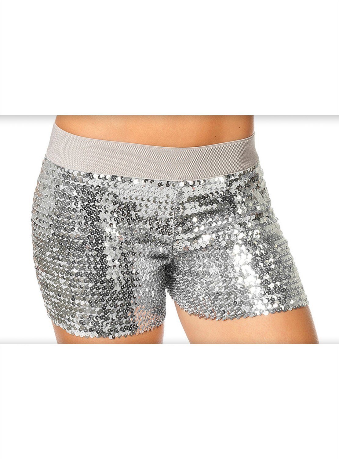 Metamorph Kostüm Pailletten Hotpants silber, Elastische Shorts mit Glitter-Effekt - ideal zum Kombinieren