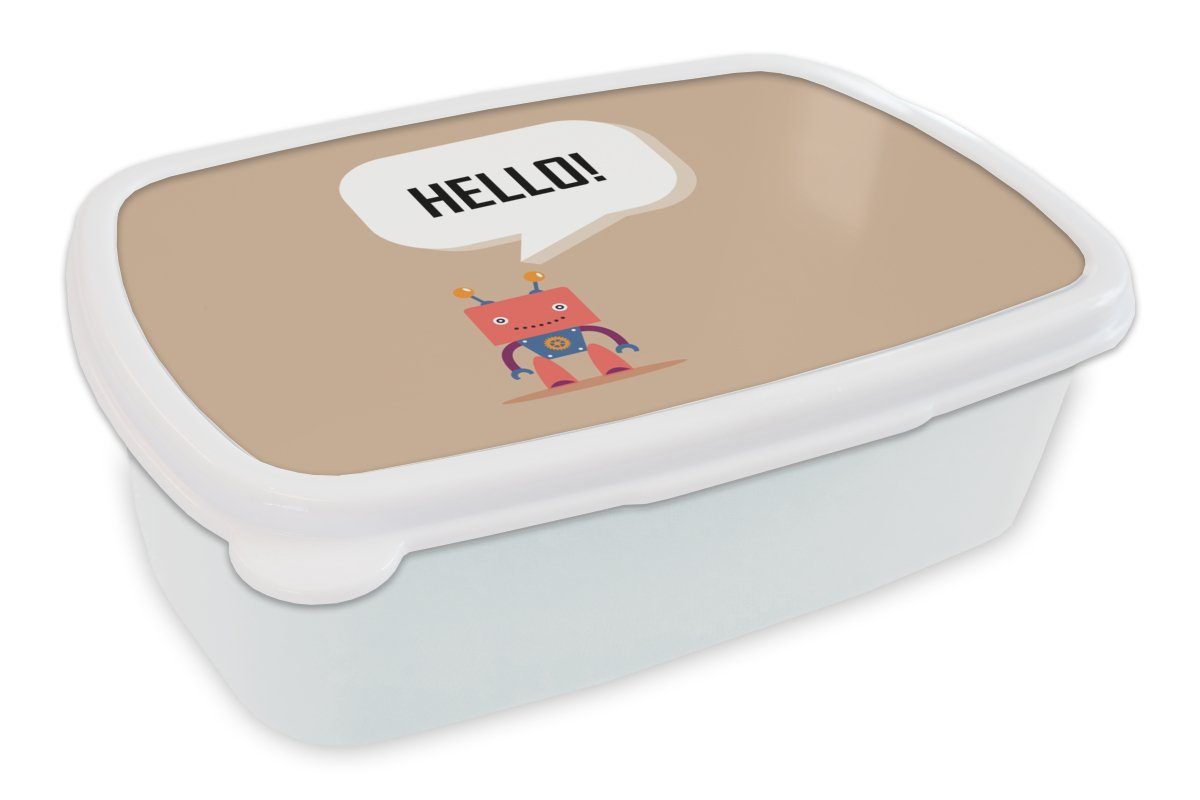 MuchoWow Lunchbox Sprichwörter - Zitate - Hallo! - Roboter - Zahnrad - Kinder, Kunststoff, (2-tlg), Brotbox für Kinder und Erwachsene, Brotdose, für Jungs und Mädchen weiß