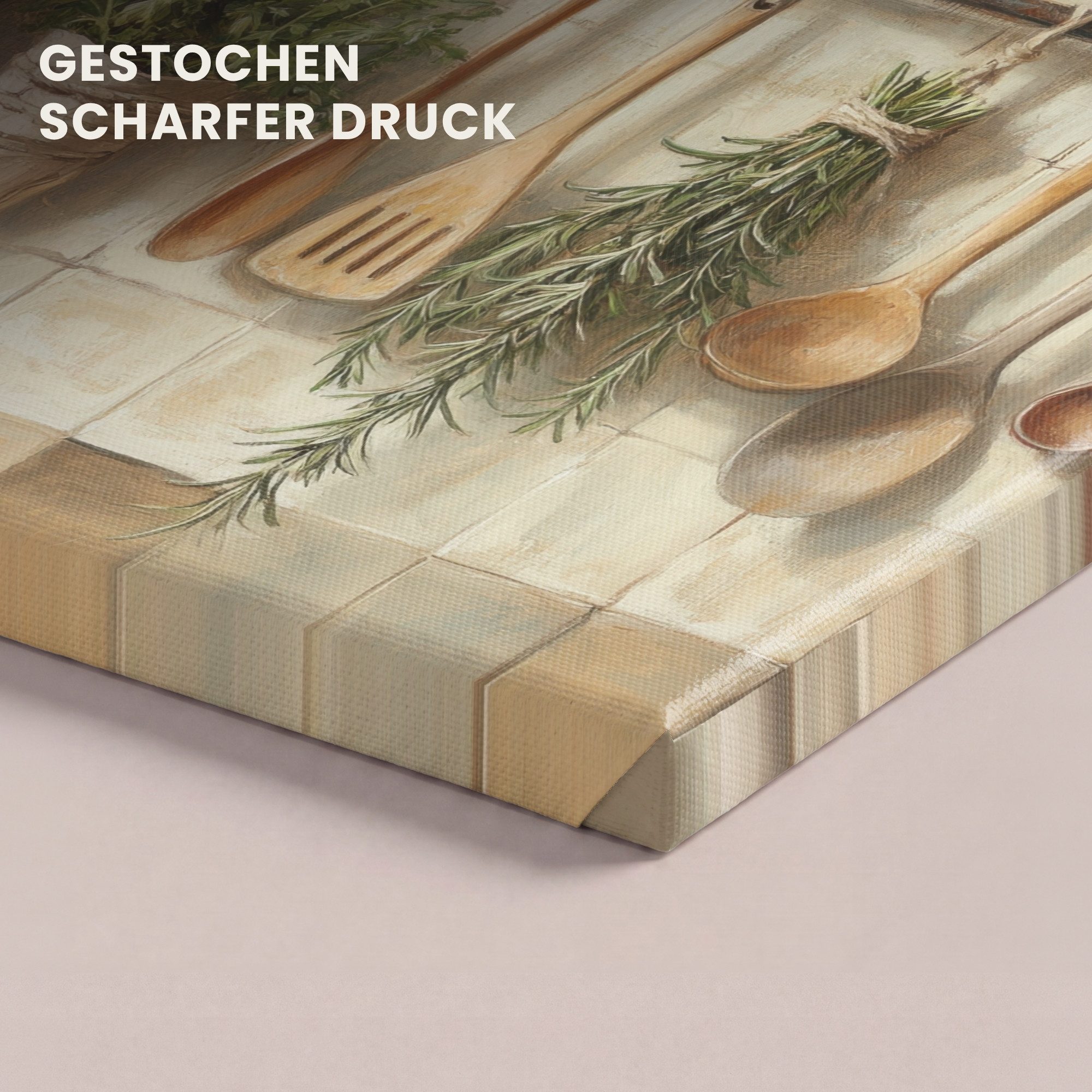 OneMillionCanvasses® Leinwandbild Holz - Küchengeräte - Stilleben - Kacheln, Fotodruck (1 St), Wandbild, Deko Schlafzimmer Wohnzimmer Flur 20x20 cm – Bild 3 von 5