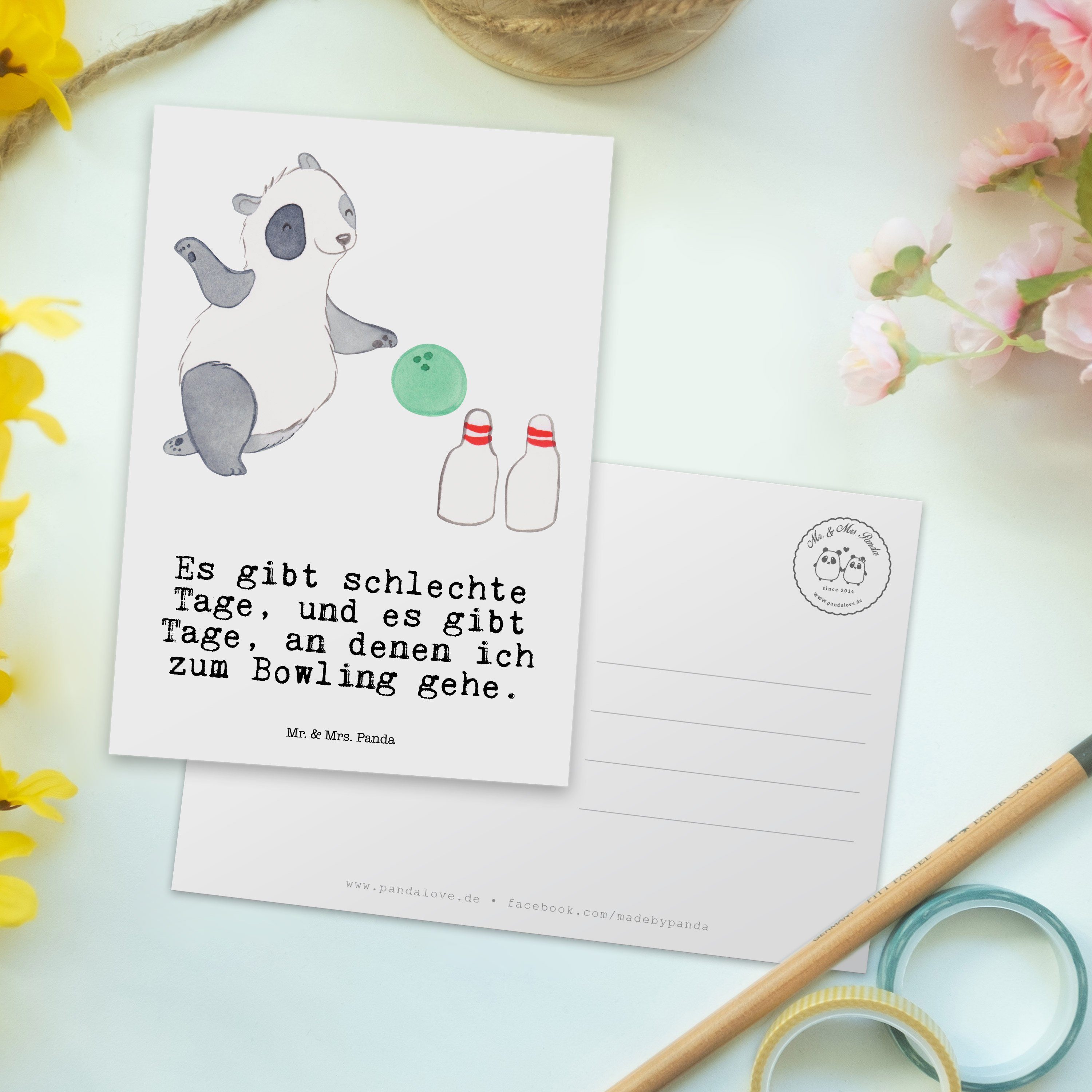 Mrs. Bowlingparty, Tage & Weiß Panda - - Postkarte Einladungskarte Bowling Panda Mr. Geschenk,