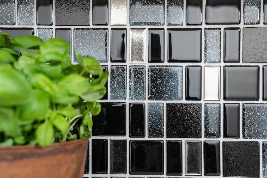 Mosani Mosaikfliesen Glasmosaik Crystal Matten 10 / Mosaik glänzend schwarz