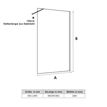 SONNI Walk-in-Dusche 80cm--140cm Duschabtrennung, schwarz,Walk in Duschwand Dusche, 10mm Einscheibensicherheitsglas mit Nano Beschichtung, Höhe 200cm, mit Stabilisator, schwarz