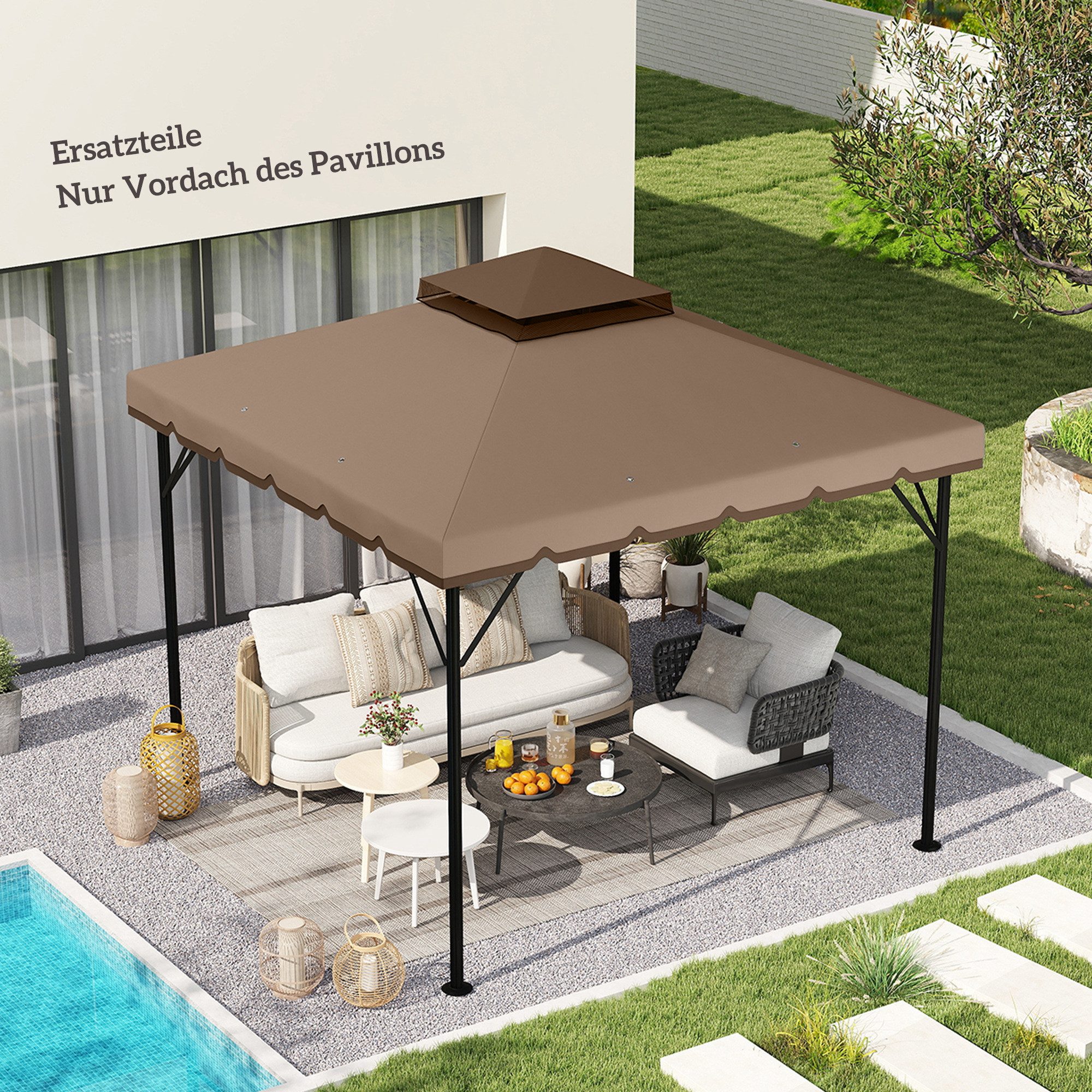 Outsunny Pavillon-Ersatzdach mit Doppeldach, Wasserablauflöchern, 180 g/m², 300 x 300 cm (Pavillondach, Ersatzbezug), Khaki, UV-Schutz, wasserabweisend