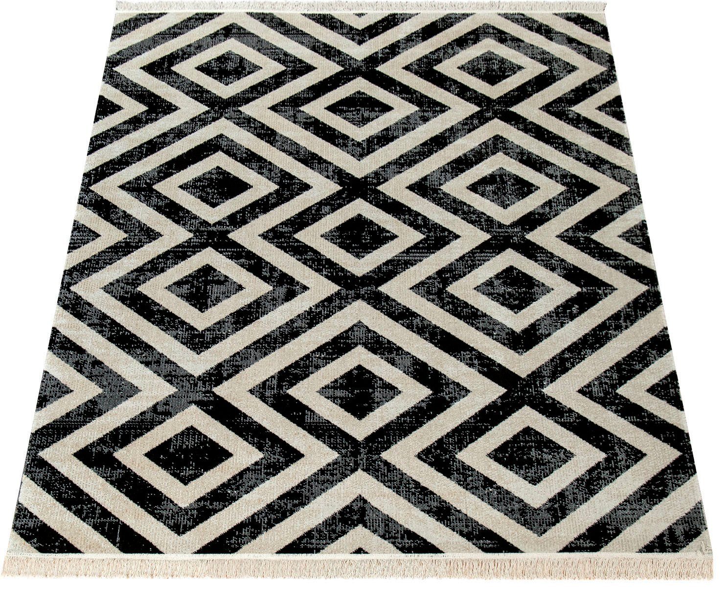 Teppich Poco Rauten 6 821, schwarz/weiß rechteckig, In- Outdoor mm, Kurzflor, mit Home, Höhe: Paco geeignet Design, und Fransen