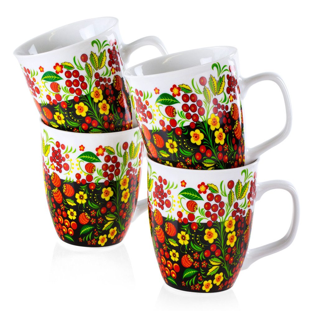 Tasse Becher 4er Set Chochloma Porzellan 400 ml weiß Neue Chochloma Griff, 4-tlg., Porzellan, Förmiger Griff