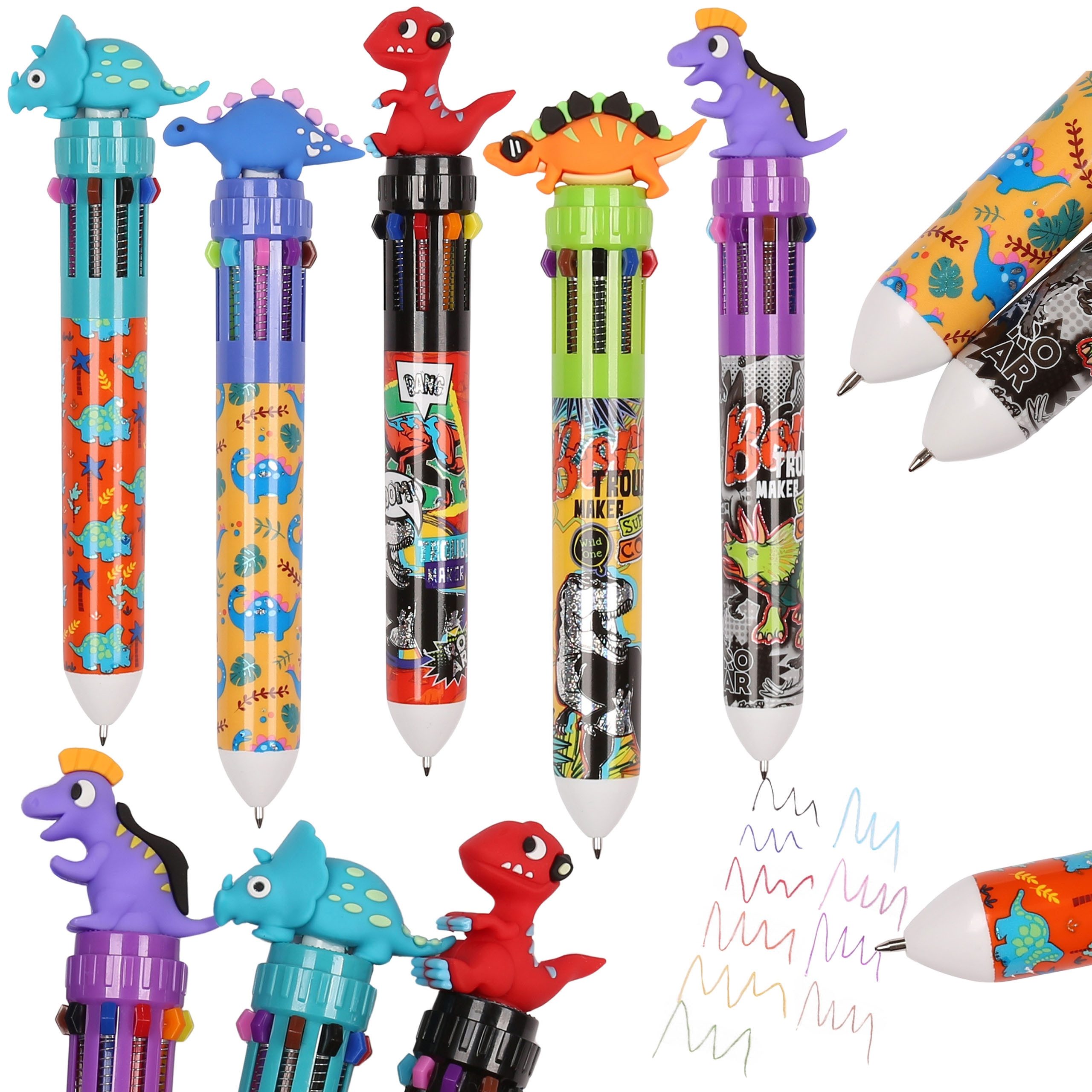 Kugelschreiber Dinosaurier 10in1 Stift, automatischer Schulfüller, 10 Farben, 0,7 mm