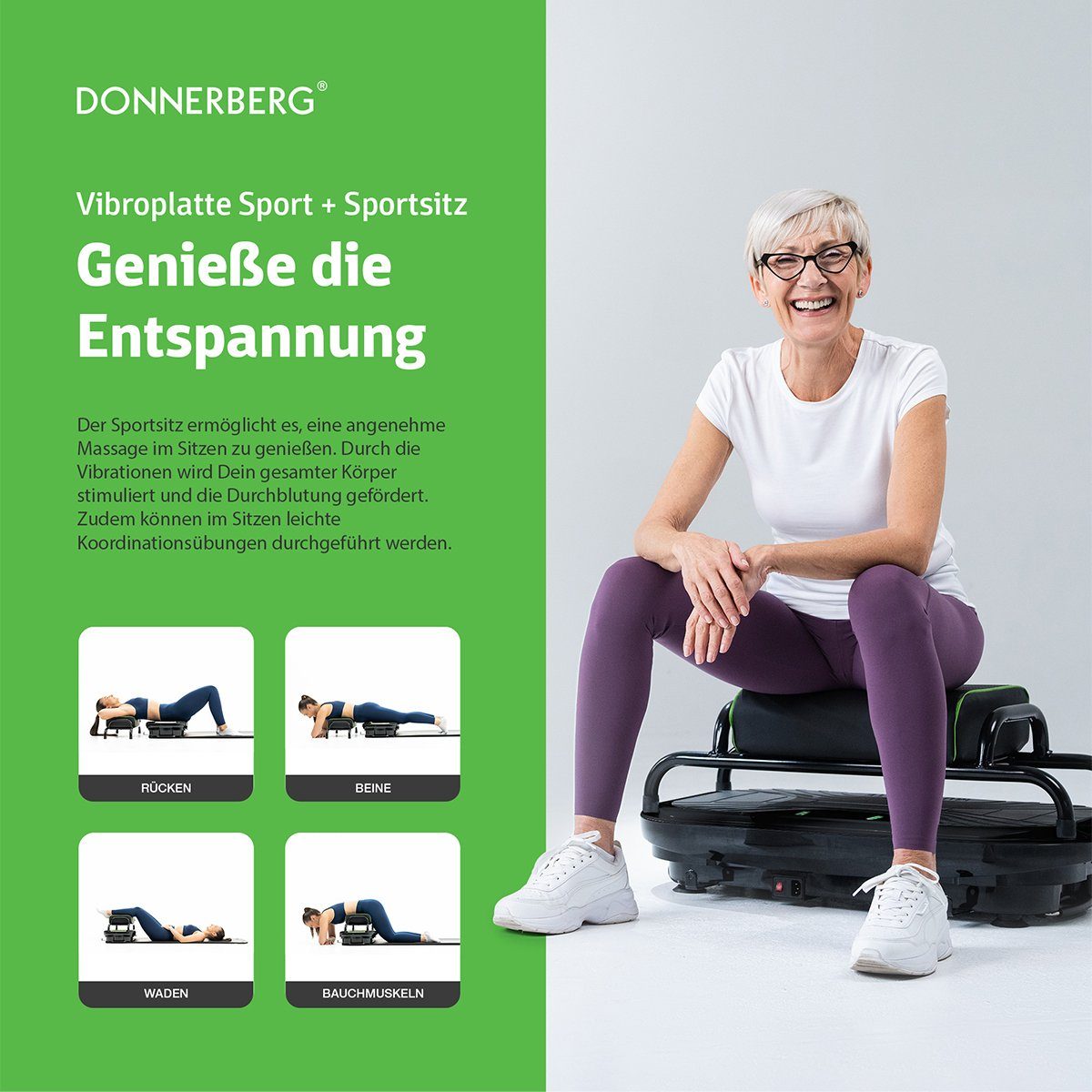 Donnerberg Vibrationsplatte Sport MP-999 SET, 32 Intensitätsstufen, (2 tlg), 3 Vibrationsarten + Zubehör für Ganzkörpertraining + Sitz