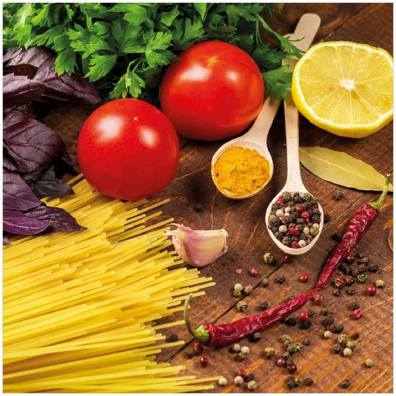 Wallario Memoboard Italienisches Menü mit Spaghetti, Tomaten, Basilikum und Gewürzen