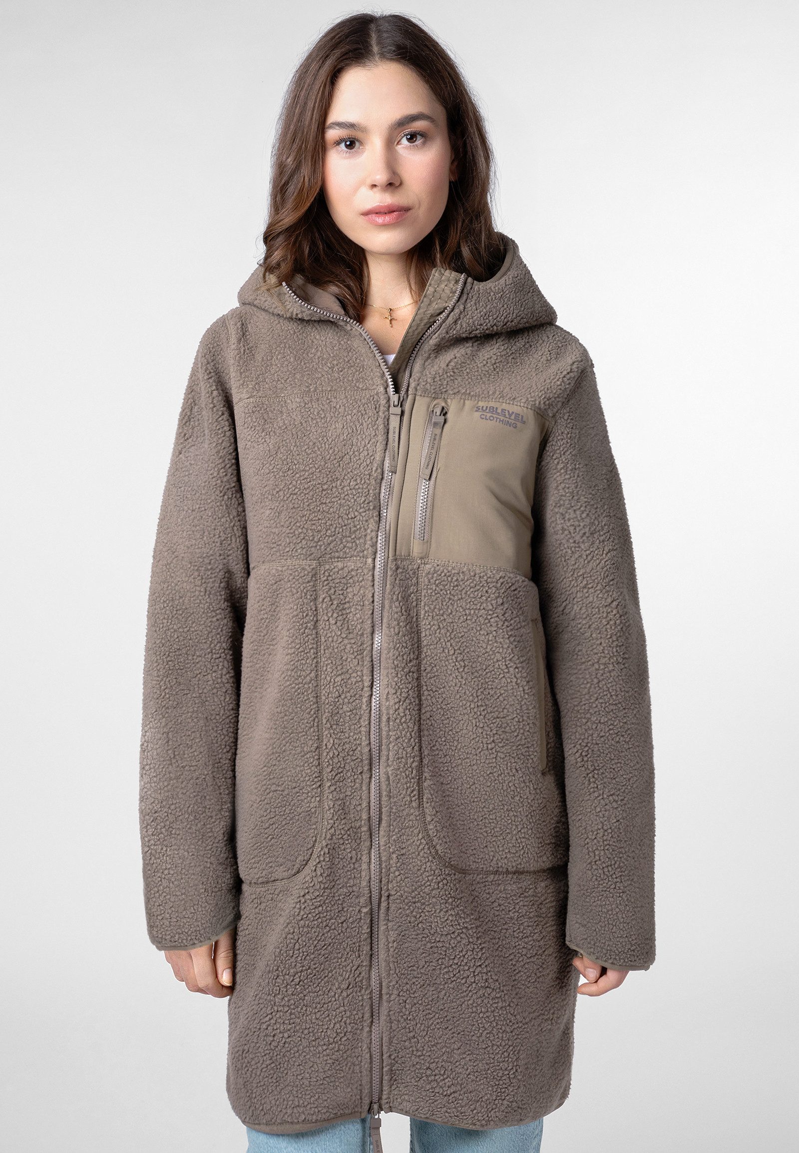 SUBLEVEL Fleecejacke Damen Fleecemantel mit Kapuze Kontrastdetails, Brusttasche, Flatlocknähte