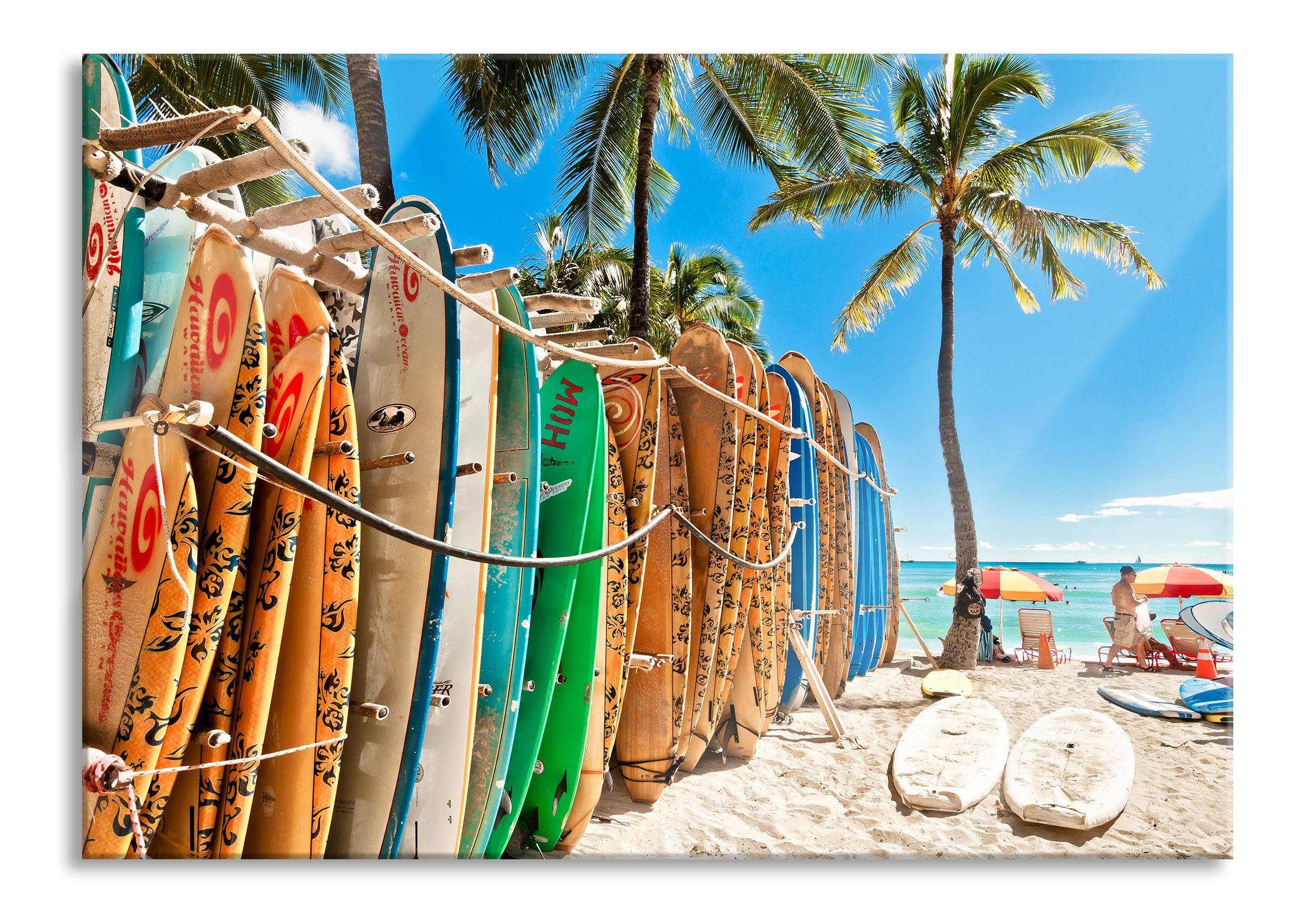 Glasbild Surfboards am Strand
