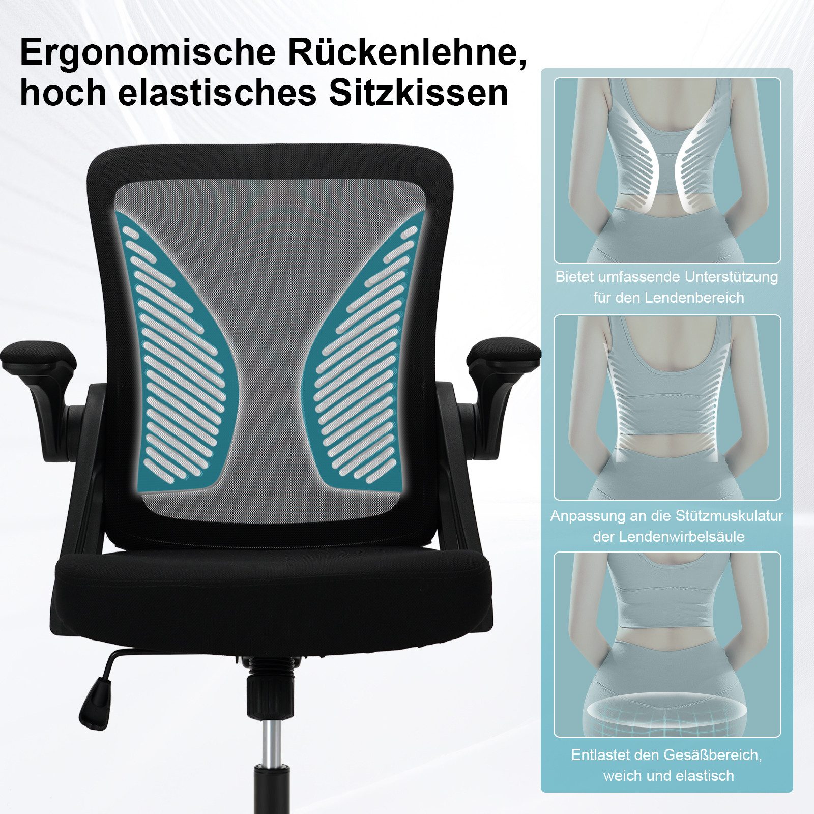 Milacyee Bürostuhl Ergonomischer Bürostuhl mit 90° klappbaren, gepolsterten Armlehnen (Höhenverstellbarer Atmungsaktiv Chefsessel mit geräuscharmen Rollen,Drehstuhl mit dynamische Rückenstütze), Platzsparend, Atmungsaktives Mesh, 150 kg Belastbarkeit