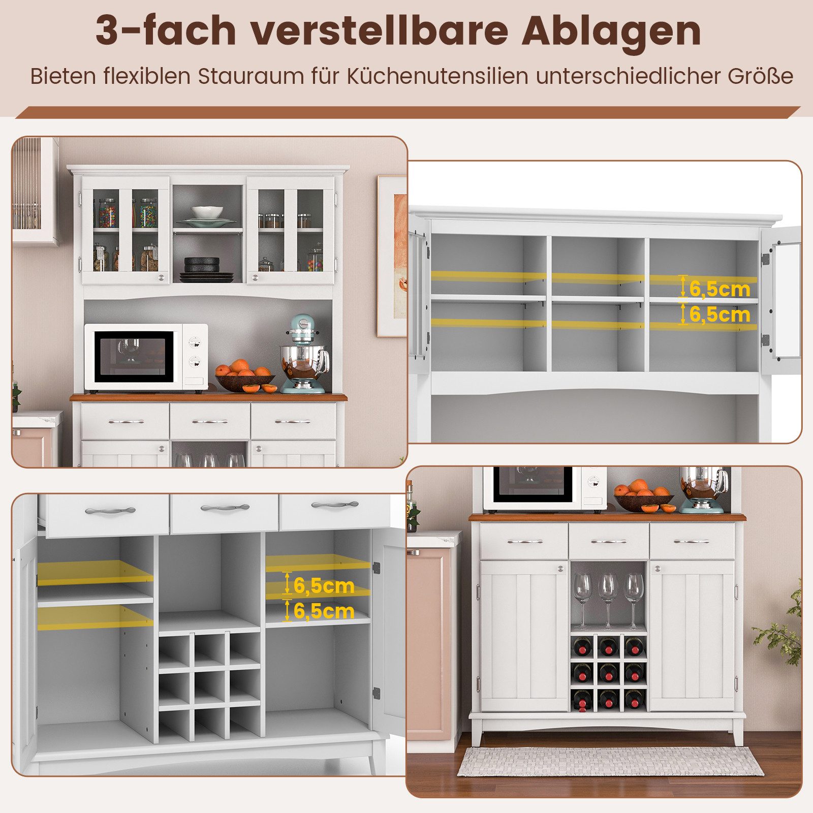 COSTWAY Küchenbuffet Hochschrank mit Arbeitsplatte, Weinregal, verstellbarem Regal