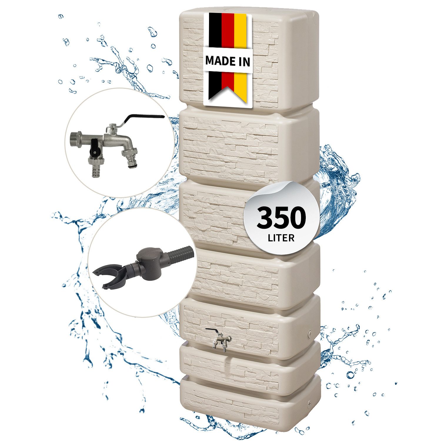 4rain Regentonne SLIM STONE DECOR Regentonne Wandtank Komplett-Set 350 L, sandbeige, 350 l